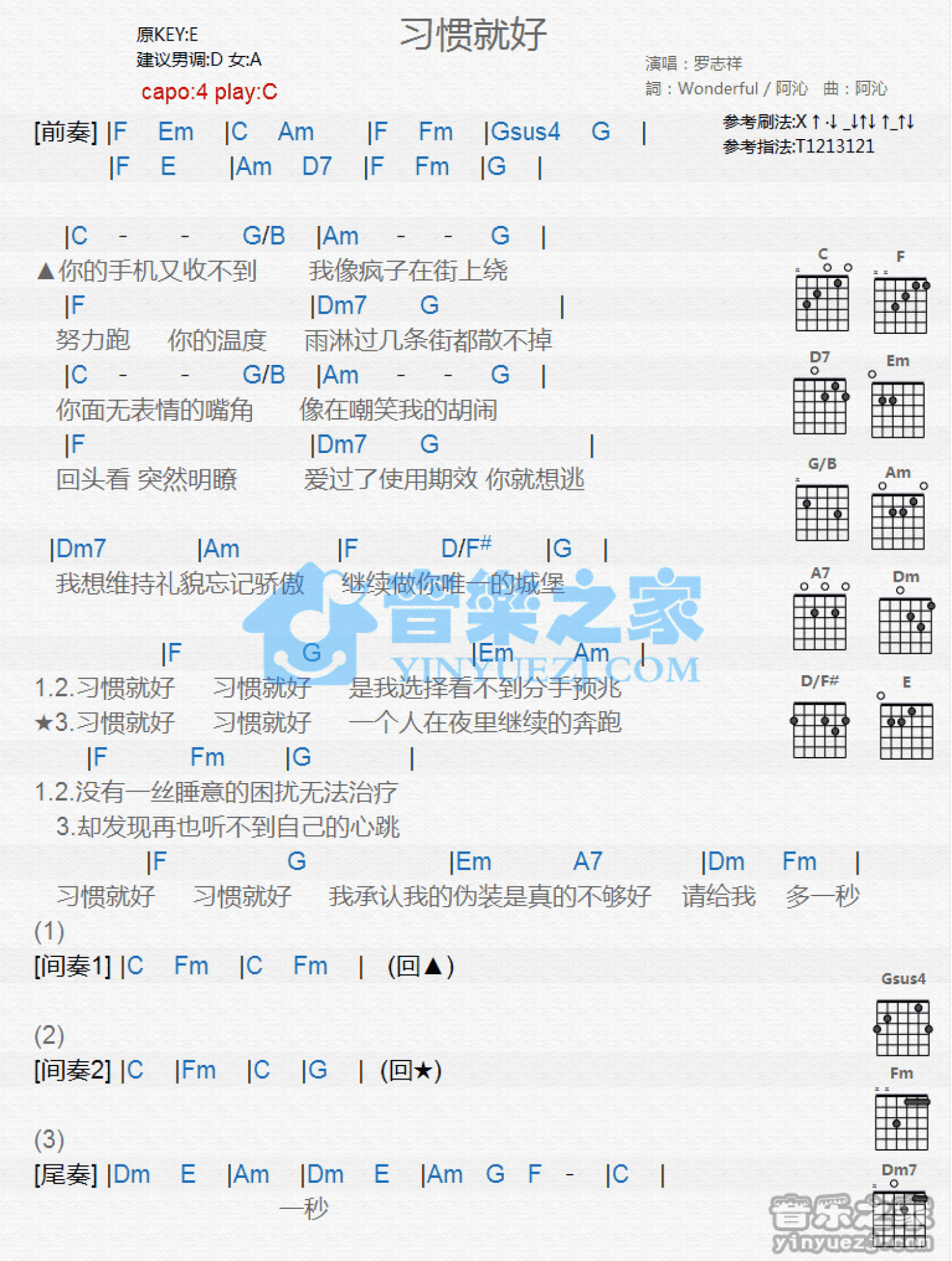 罗志祥《习惯就好》吉他谱_C调吉他弹唱谱_和弦谱第1张