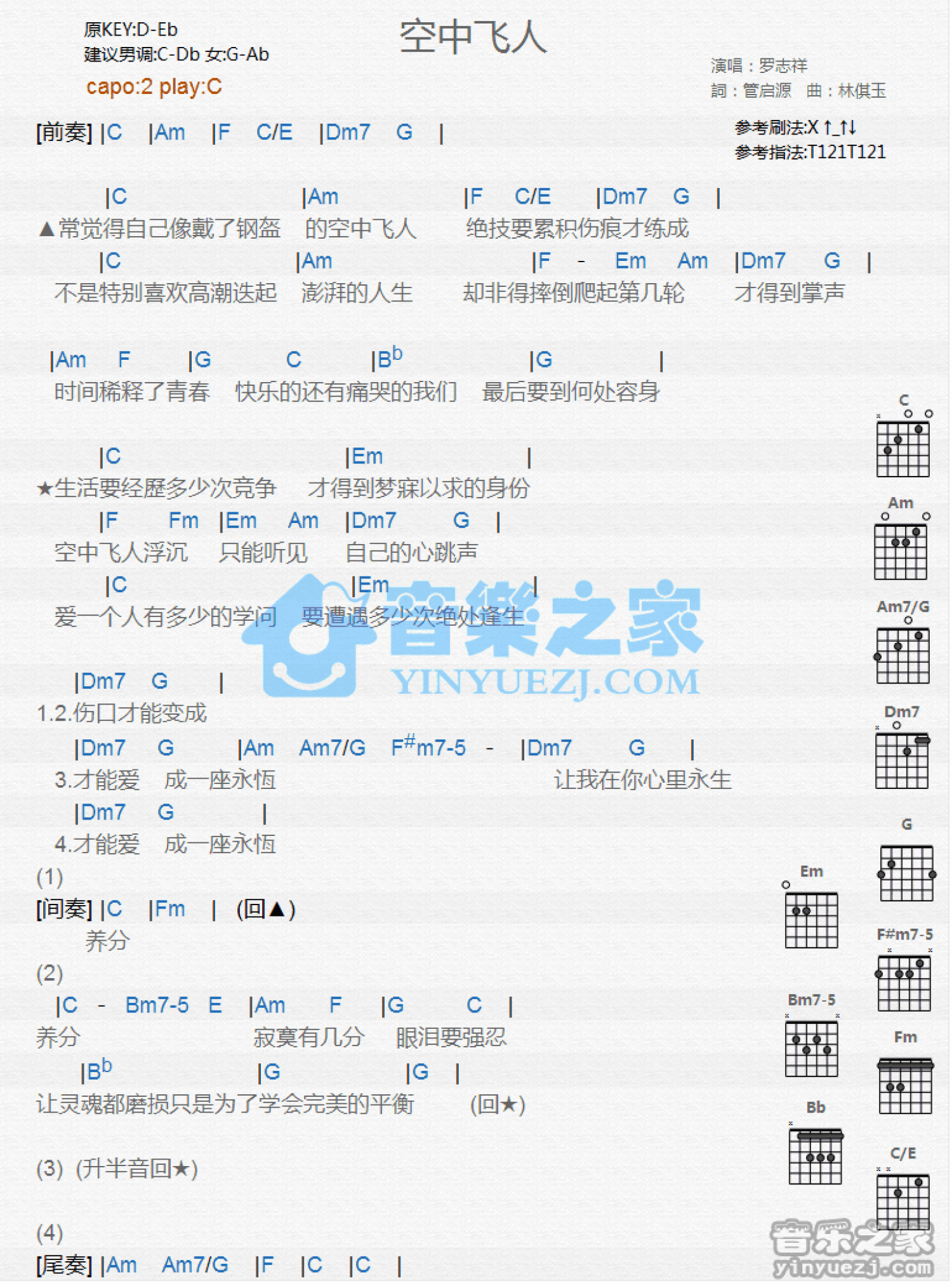 罗志祥《空中飞人》吉他谱_C调吉他弹唱谱_和弦谱第1张