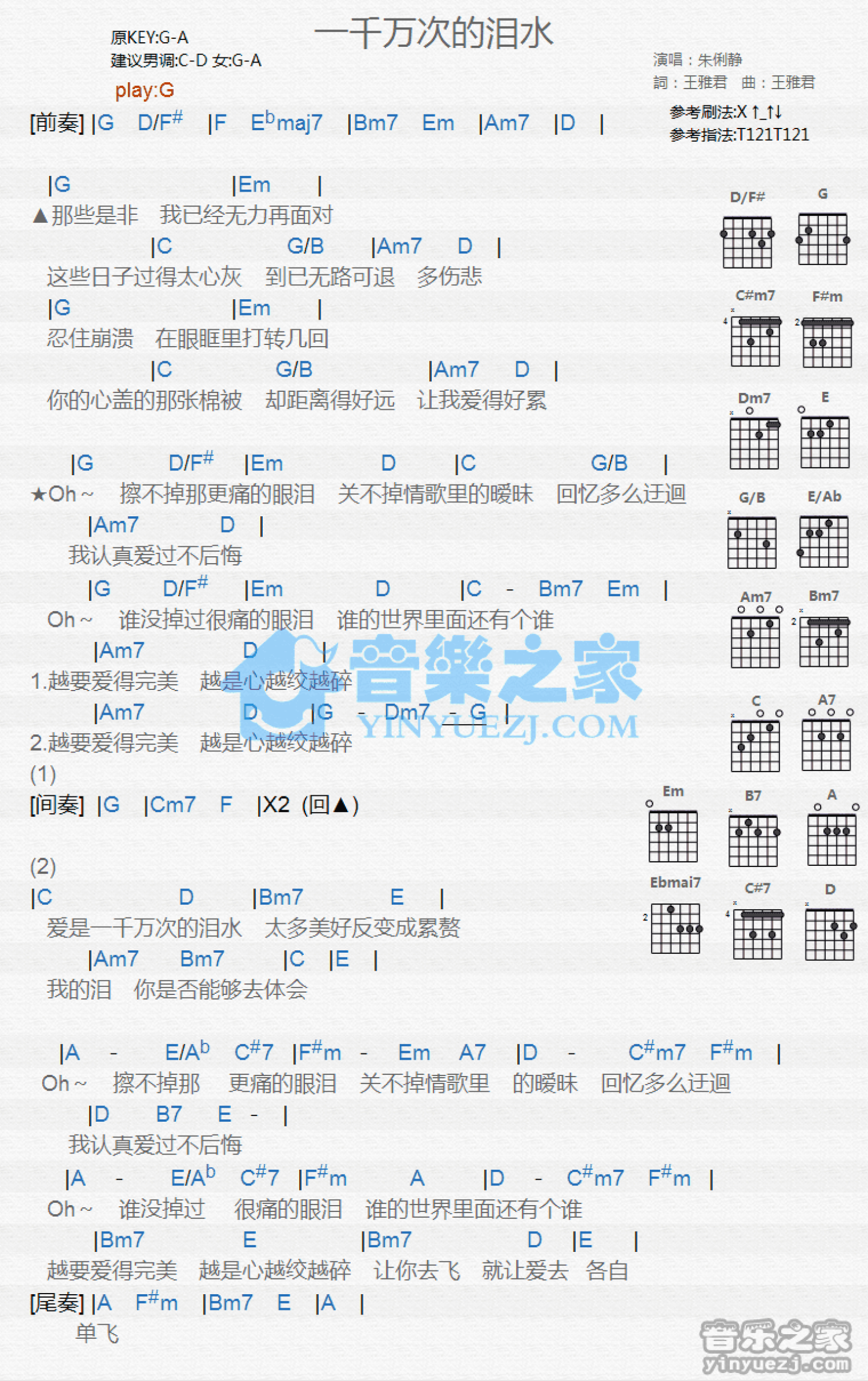 朱俐静《一千万次的泪水》吉他谱_G调吉他弹唱谱_和弦谱第1张