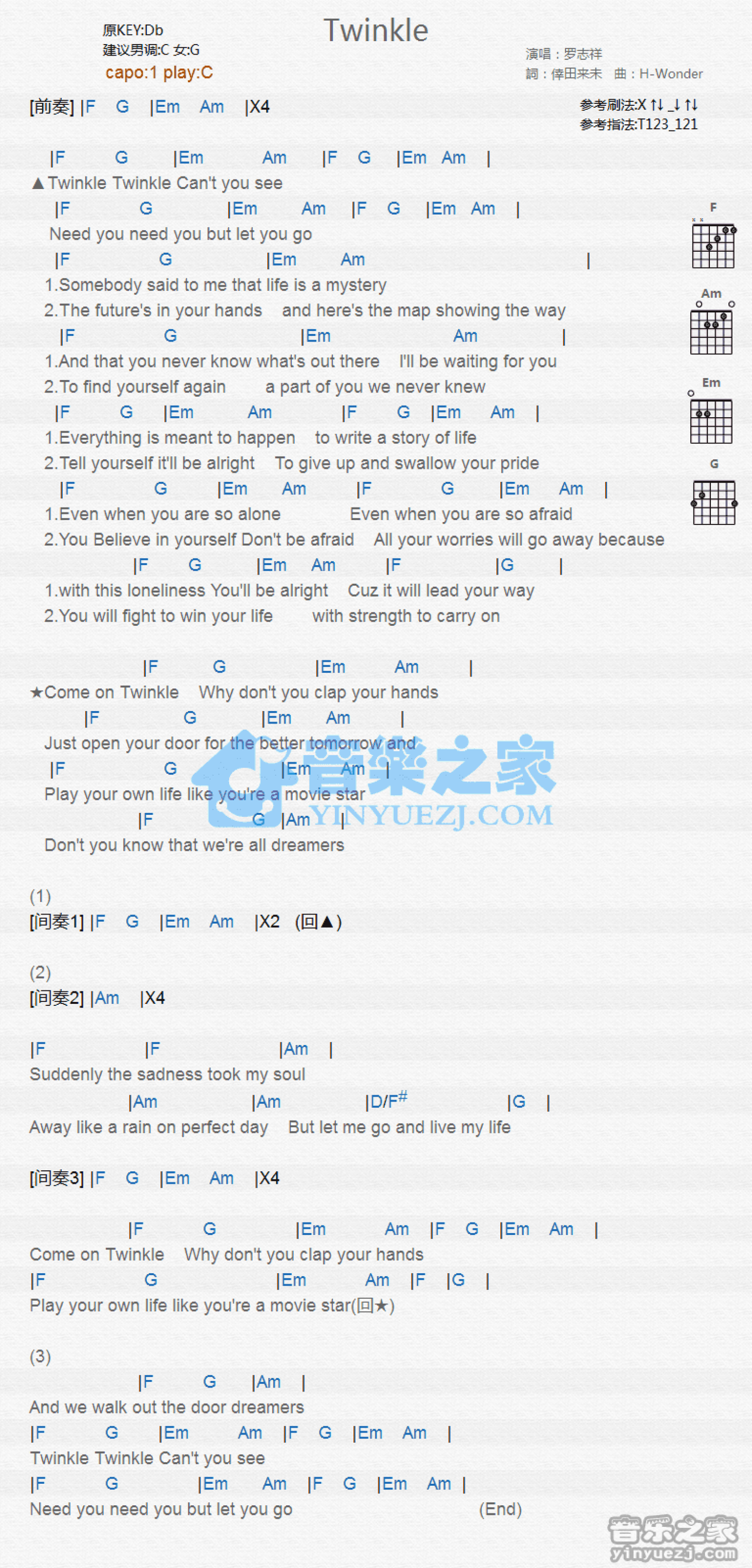 罗志祥《Twinkle》吉他谱_C调吉他弹唱谱_和弦谱第1张