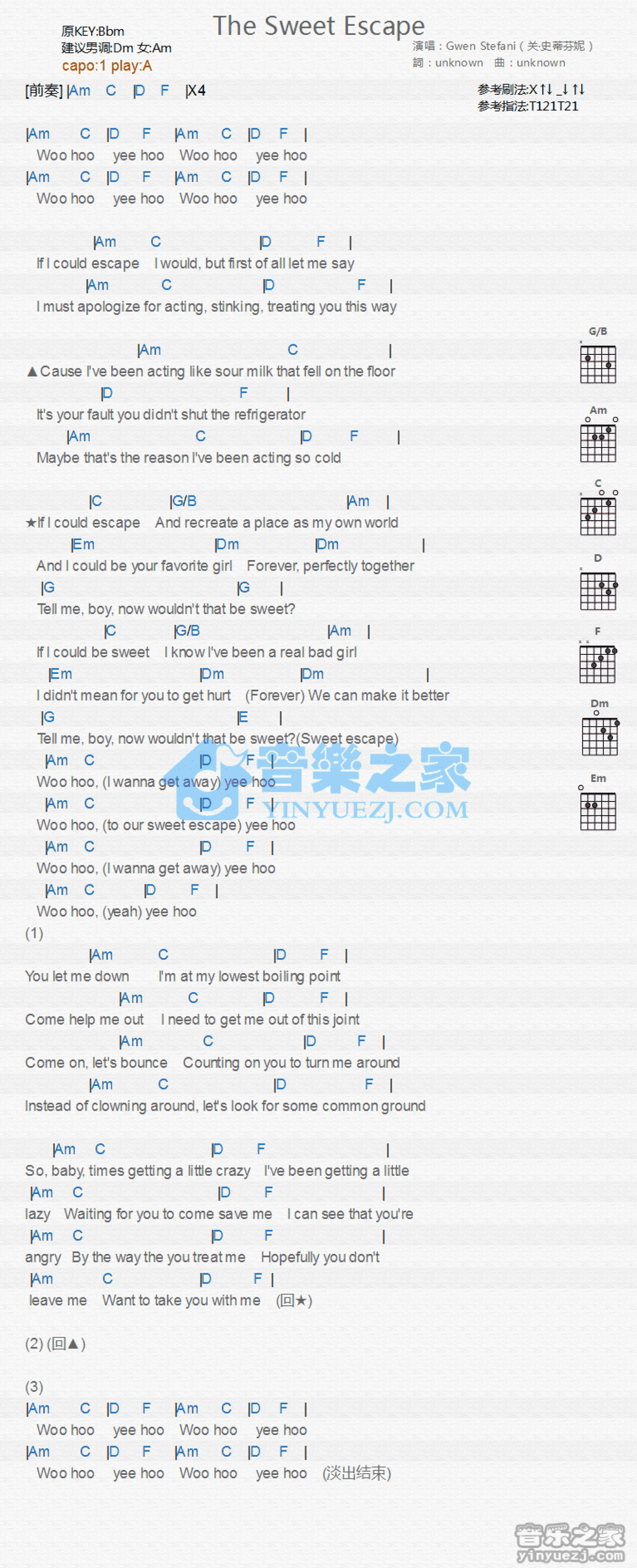 Gwen Stefani《The Sweet Escape》吉他谱_A调吉他弹唱谱_和弦谱第1张