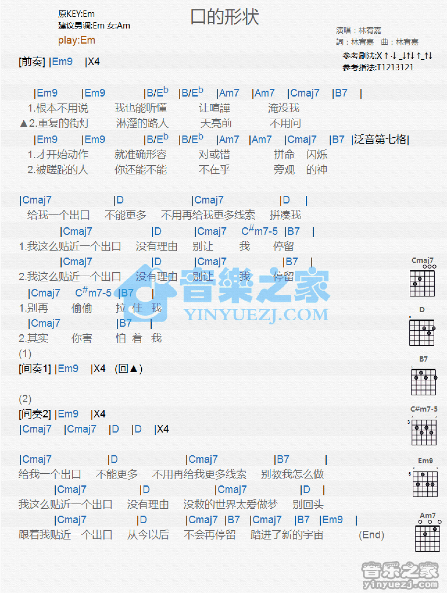 林宥嘉《口的形状》吉他谱_E调吉他弹唱谱_和弦谱第1张
