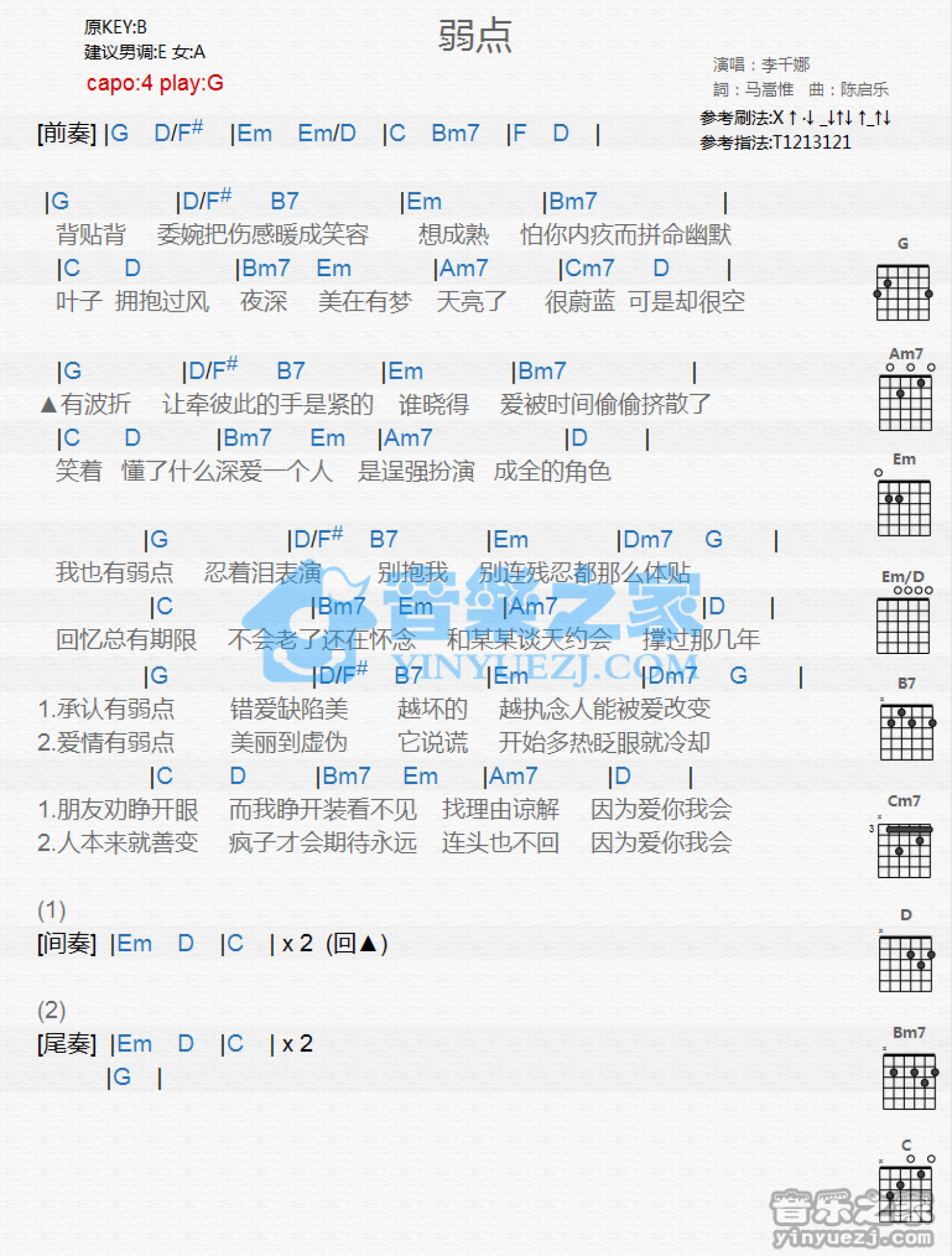 李千娜《弱点》吉他谱_G调吉他弹唱谱_和弦谱第1张