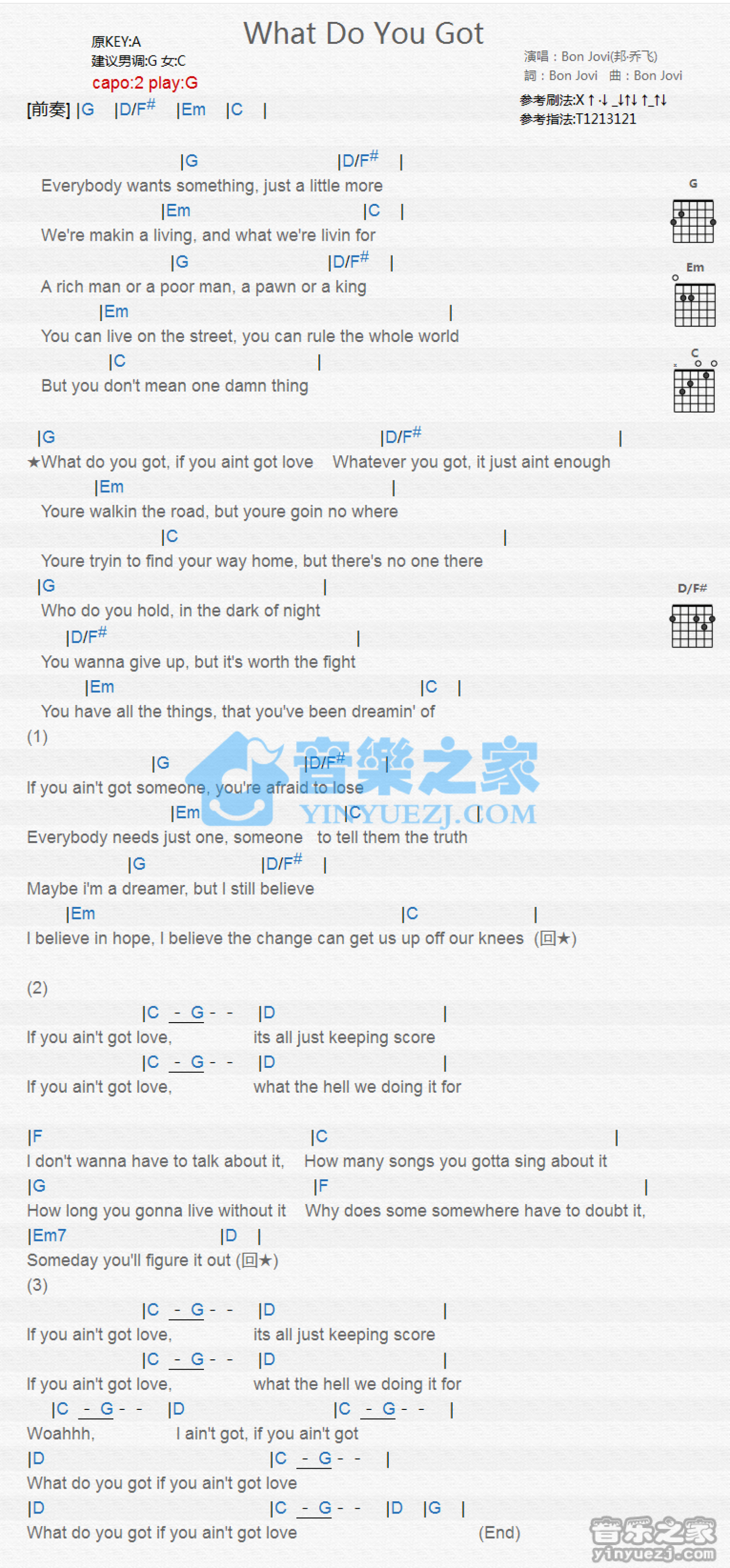 Bon Jovi《What Do You Got》吉他谱_G调吉他弹唱谱_和弦谱第1张