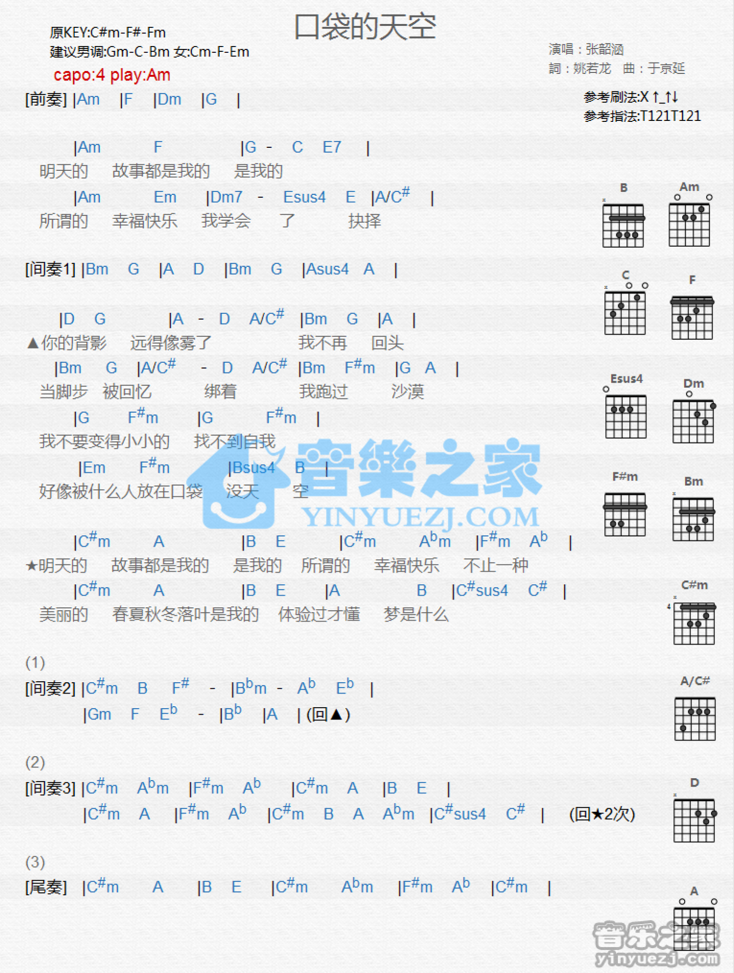 张韶涵《口袋的天空》吉他谱_C调吉他弹唱谱_和弦谱第1张