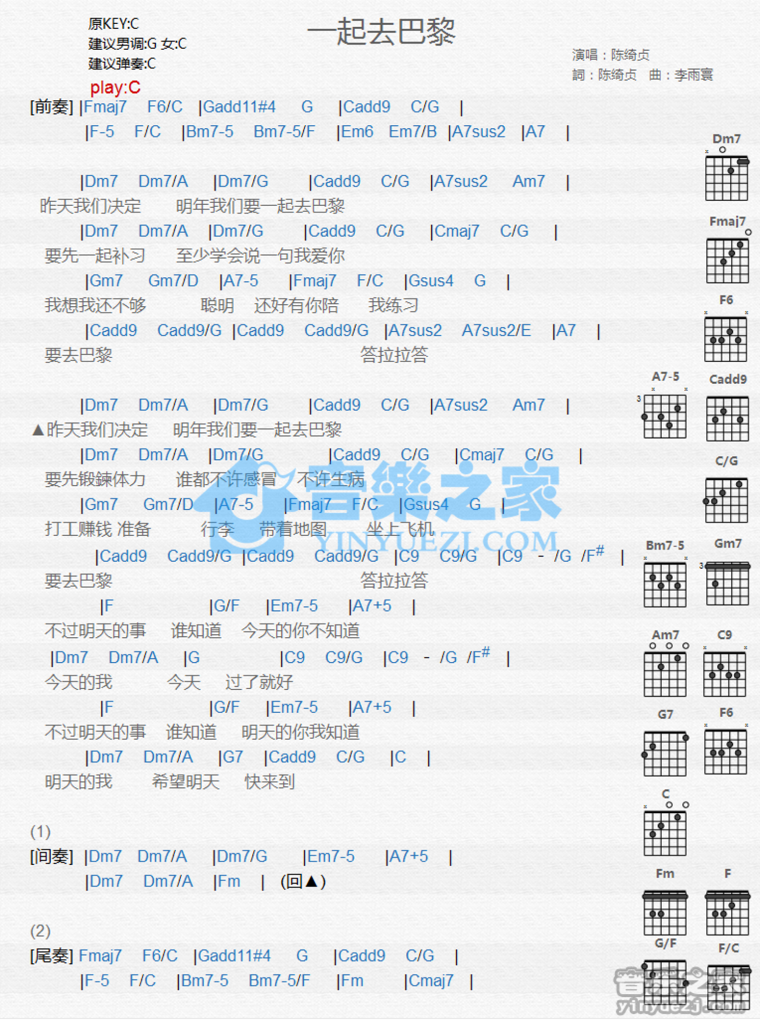 陈绮贞《一起去巴黎》吉他谱_C调吉他弹唱谱_和弦谱第1张