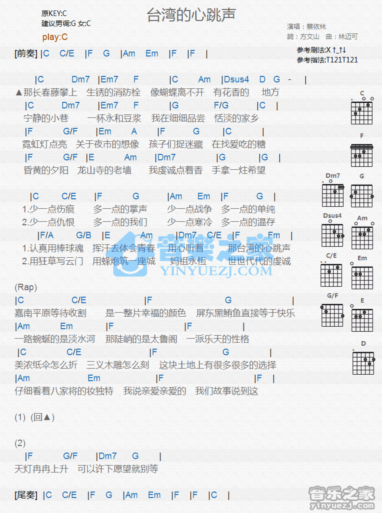 蔡依林《台湾的心跳声》吉他谱_C调吉他弹唱谱_和弦谱第1张