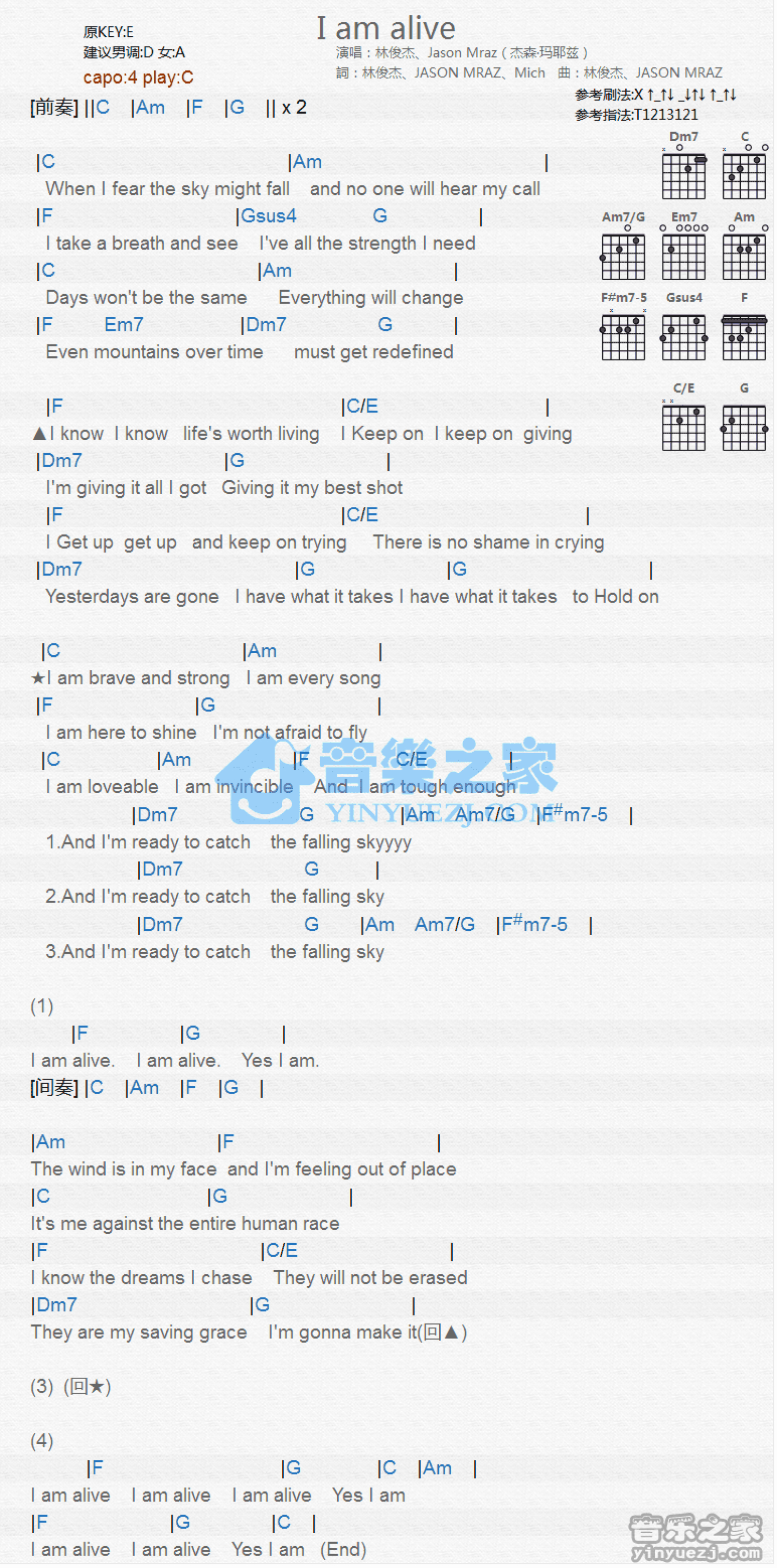 林俊杰/Jason Mraz《I Am Alive》吉他谱_C调吉他弹唱谱_和弦谱第1张