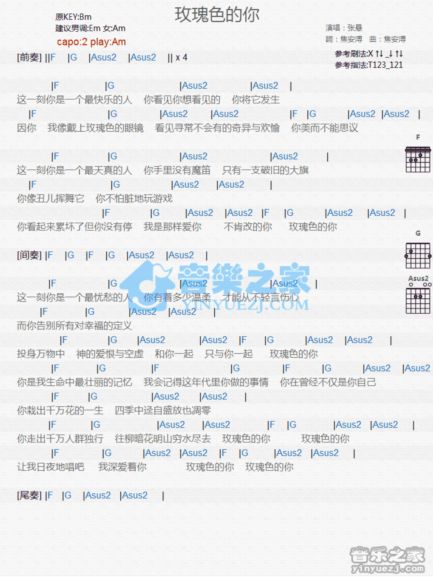 张悬《玫瑰色的你》吉他谱_C调吉他弹唱谱_和弦谱第1张