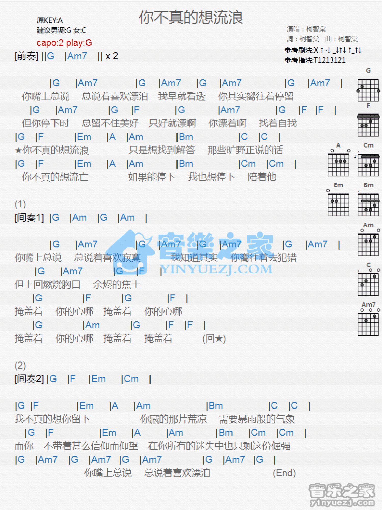 柯智棠《你不真的想流浪》吉他谱_G调吉他弹唱谱_和弦谱第1张