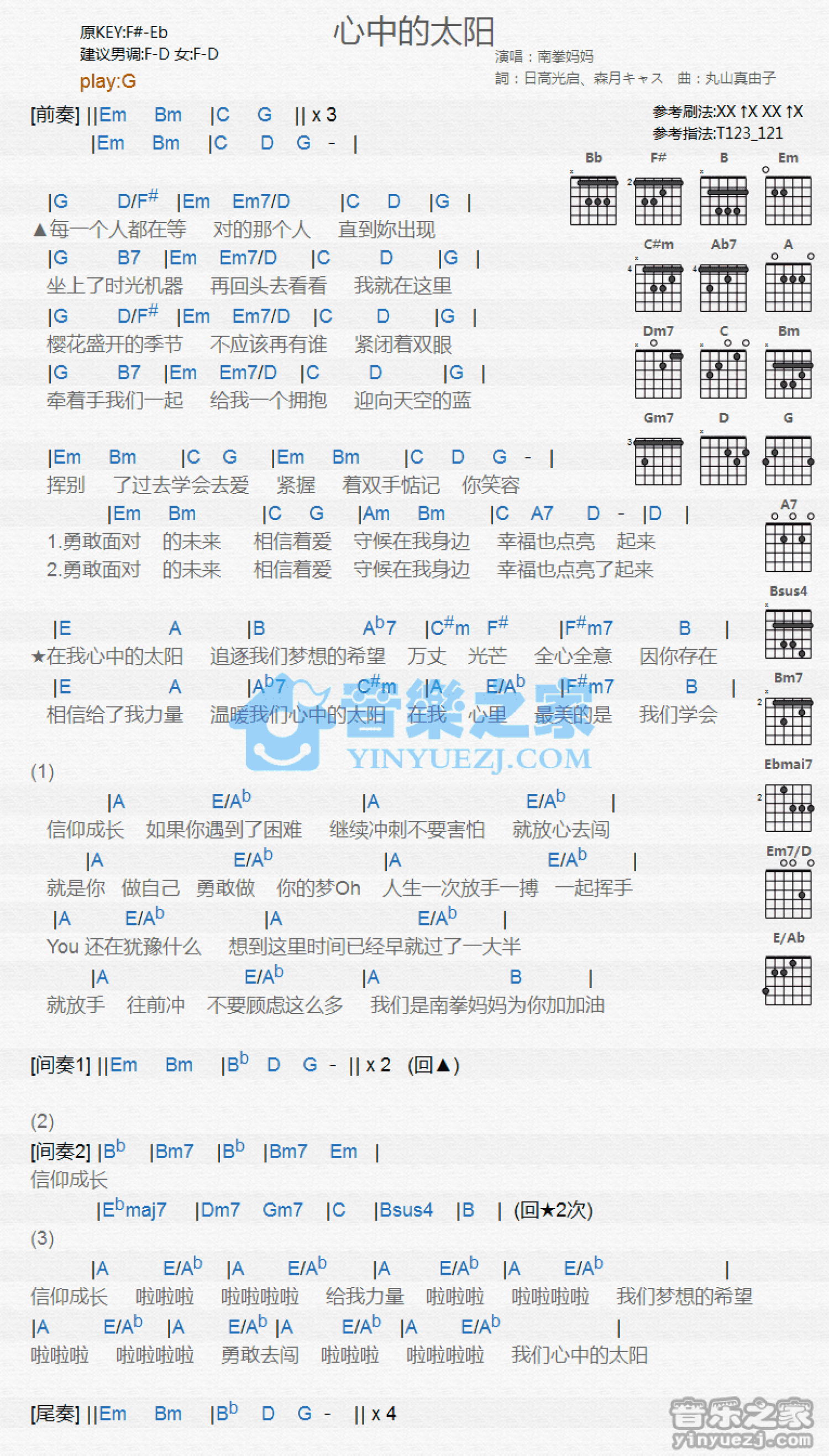南拳妈妈《心中的太阳》吉他谱_G调吉他弹唱谱_和弦谱第1张