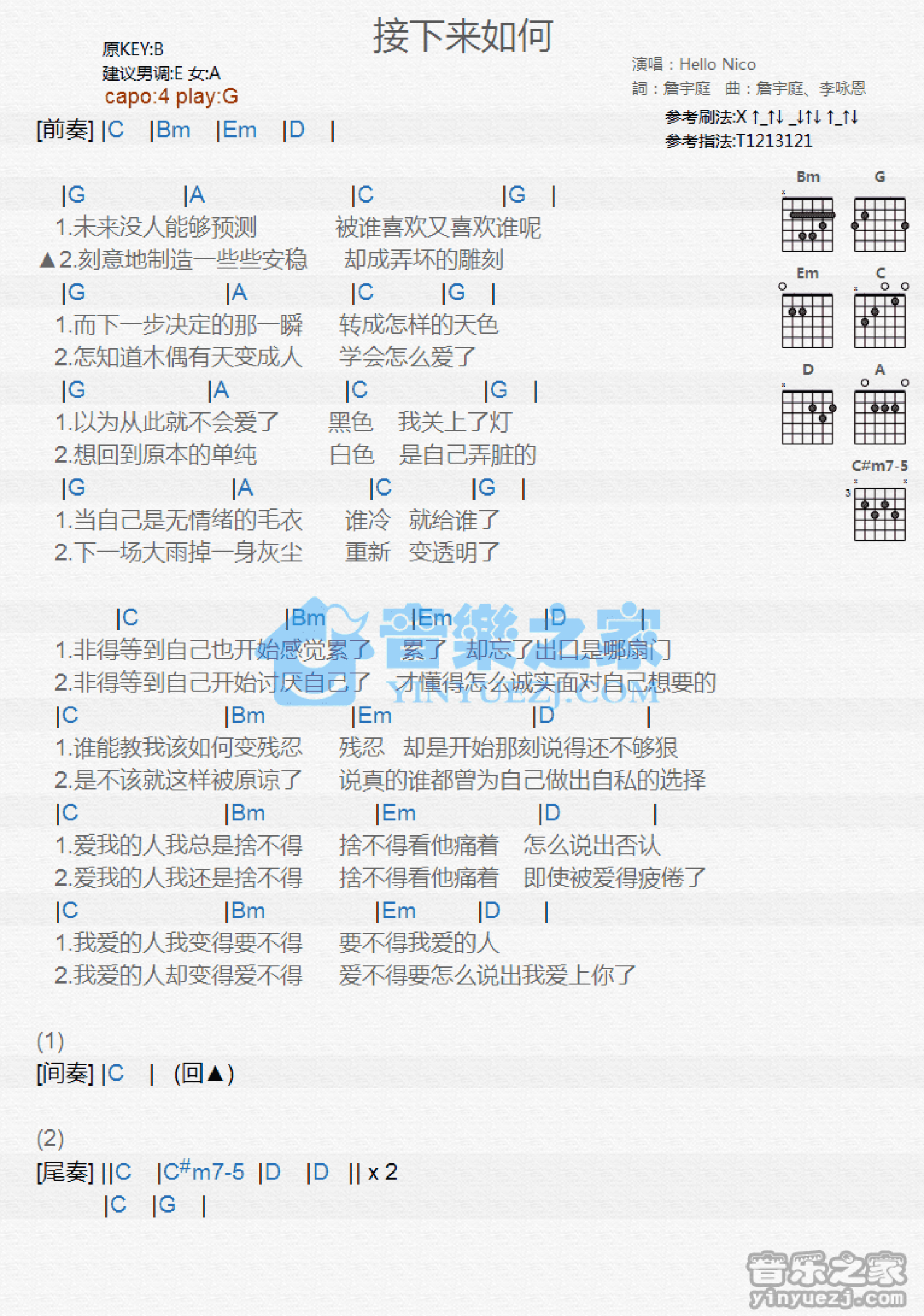 Hello Nico《接下来如何》吉他谱_G调吉他弹唱谱_和弦谱第1张