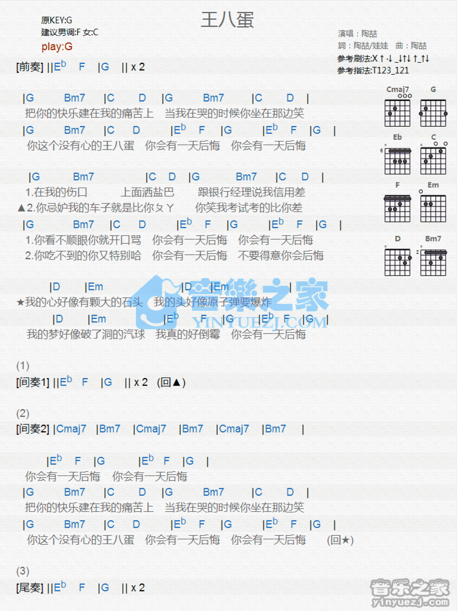 陶喆《王八蛋》吉他谱_G调吉他弹唱谱第1张