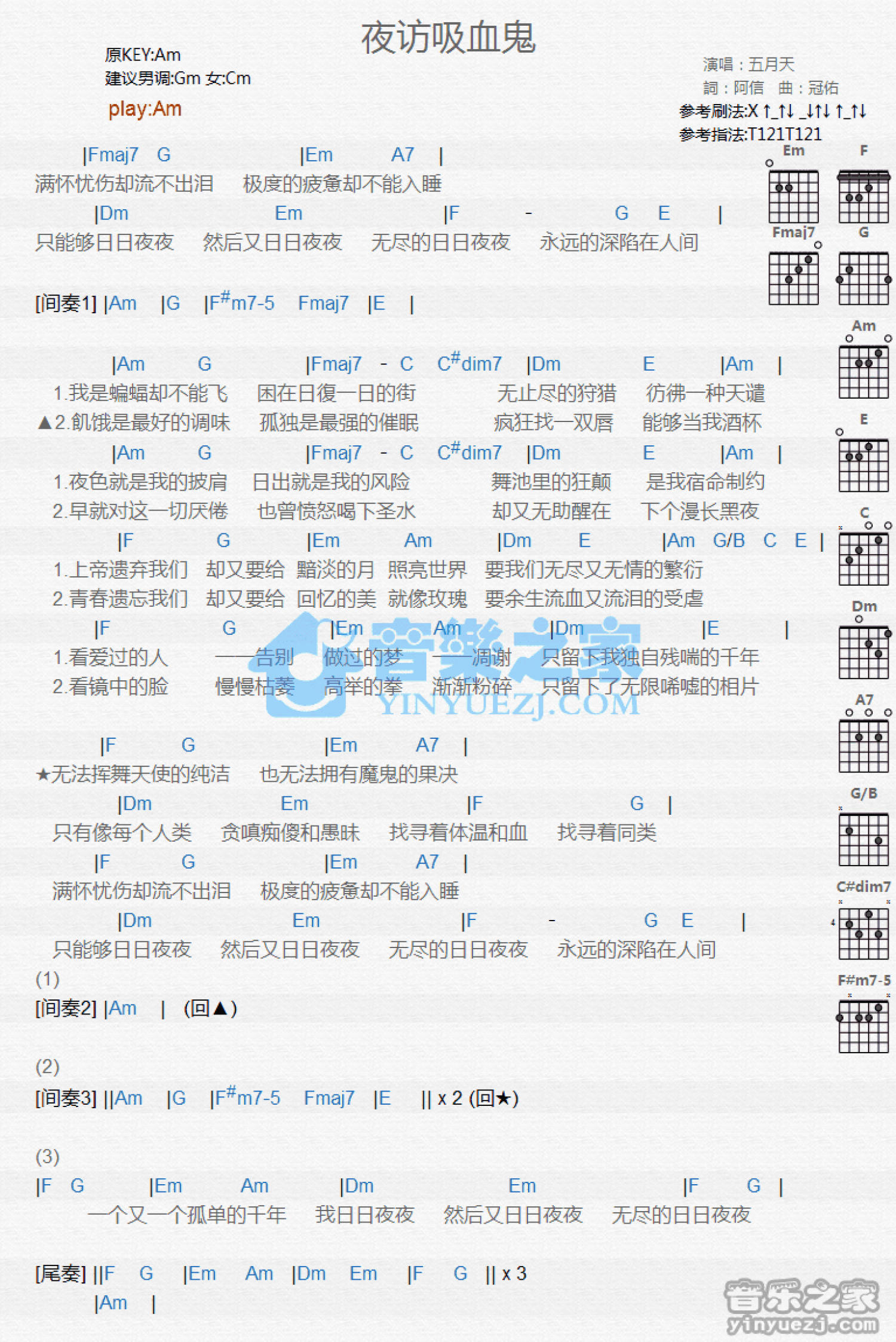 五月天《夜访吸血鬼》吉他谱_C调吉他弹唱谱_和弦谱第1张