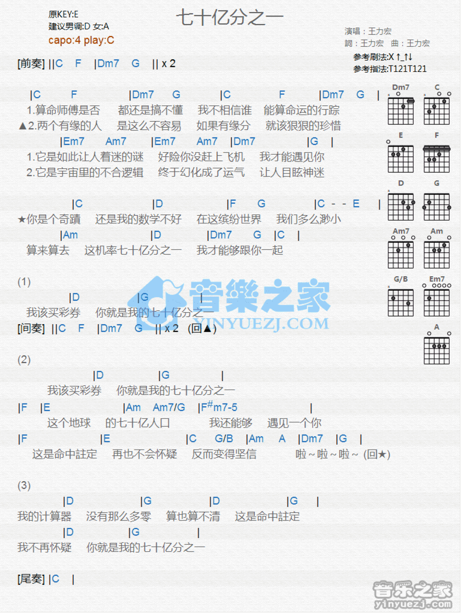 王力宏《七十亿分之一》吉他谱_C调吉他弹唱谱_和弦谱第1张