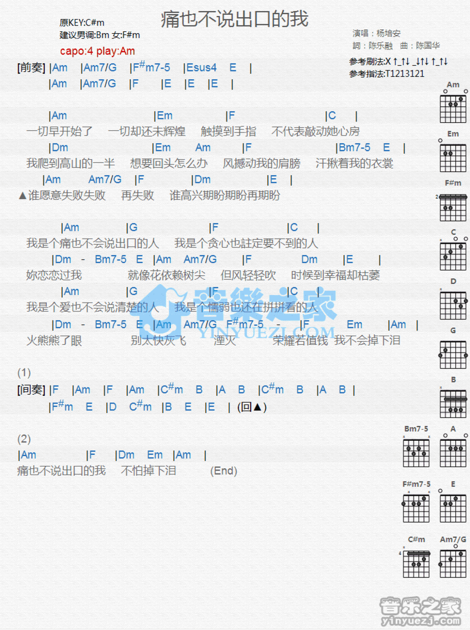 杨培安《痛也不说出口的我》吉他谱_C调吉他弹唱谱_和弦谱第1张