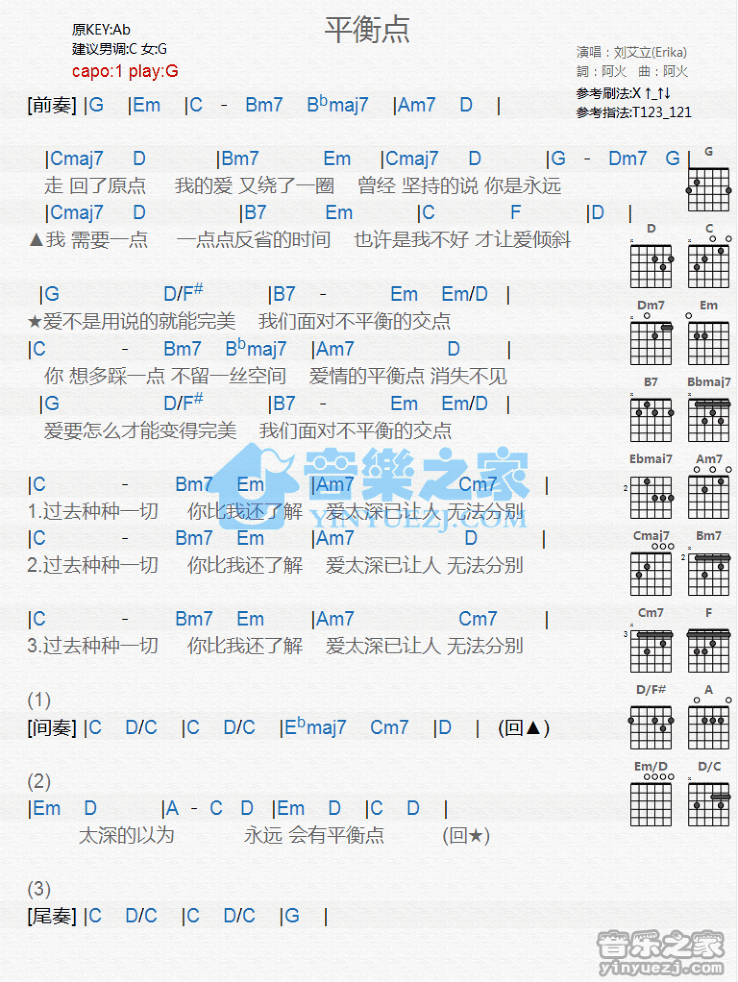 刘艾立《平衡点》吉他谱_G调吉他弹唱谱_和弦谱第1张