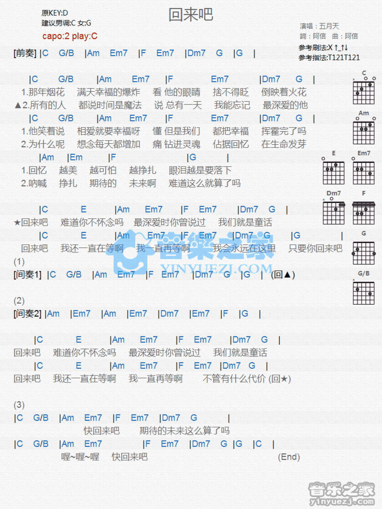 五月天《回来吧》吉他谱_C调吉他弹唱谱_和弦谱第1张