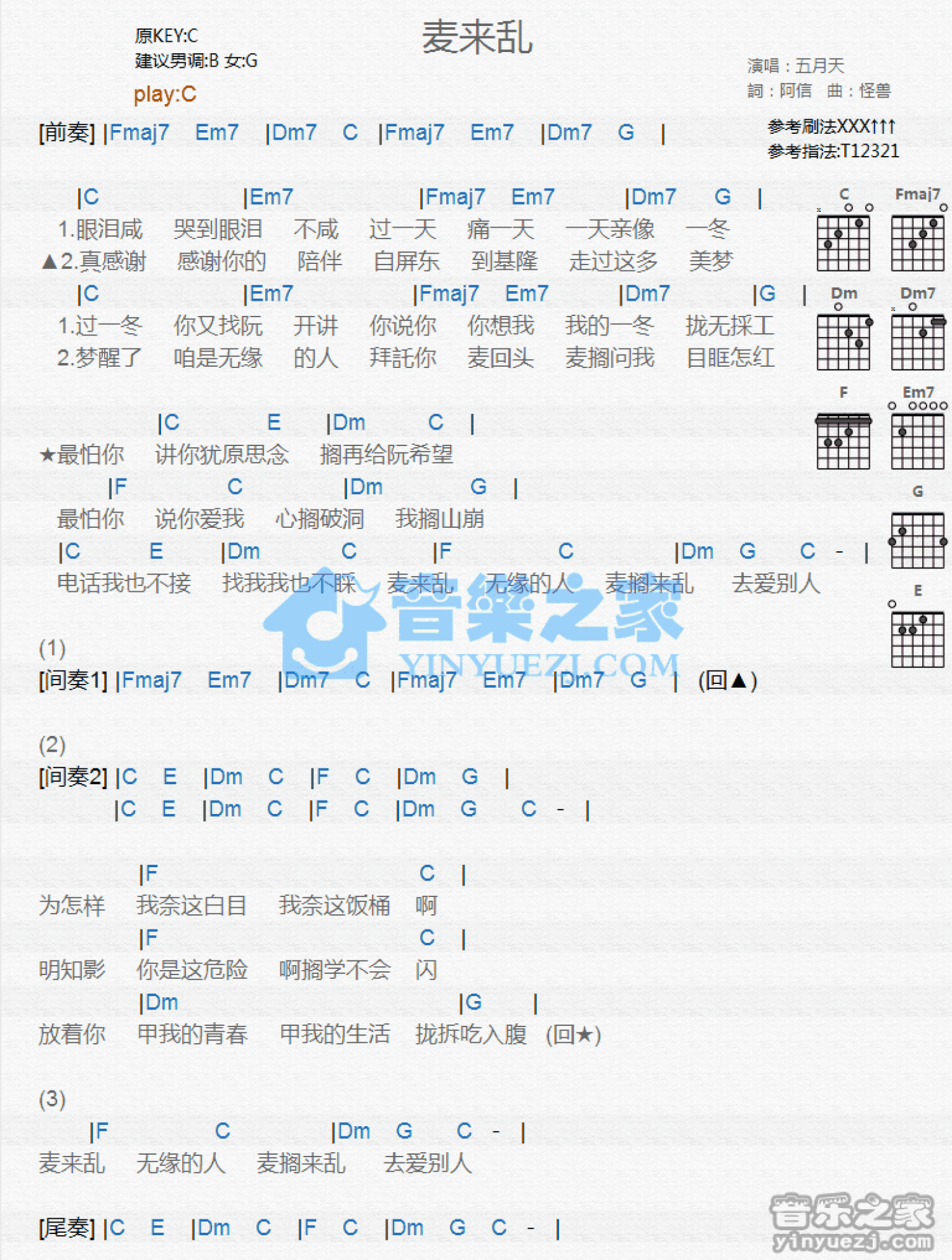 五月天《麦来乱》吉他谱_C调吉他弹唱谱_和弦谱第1张
