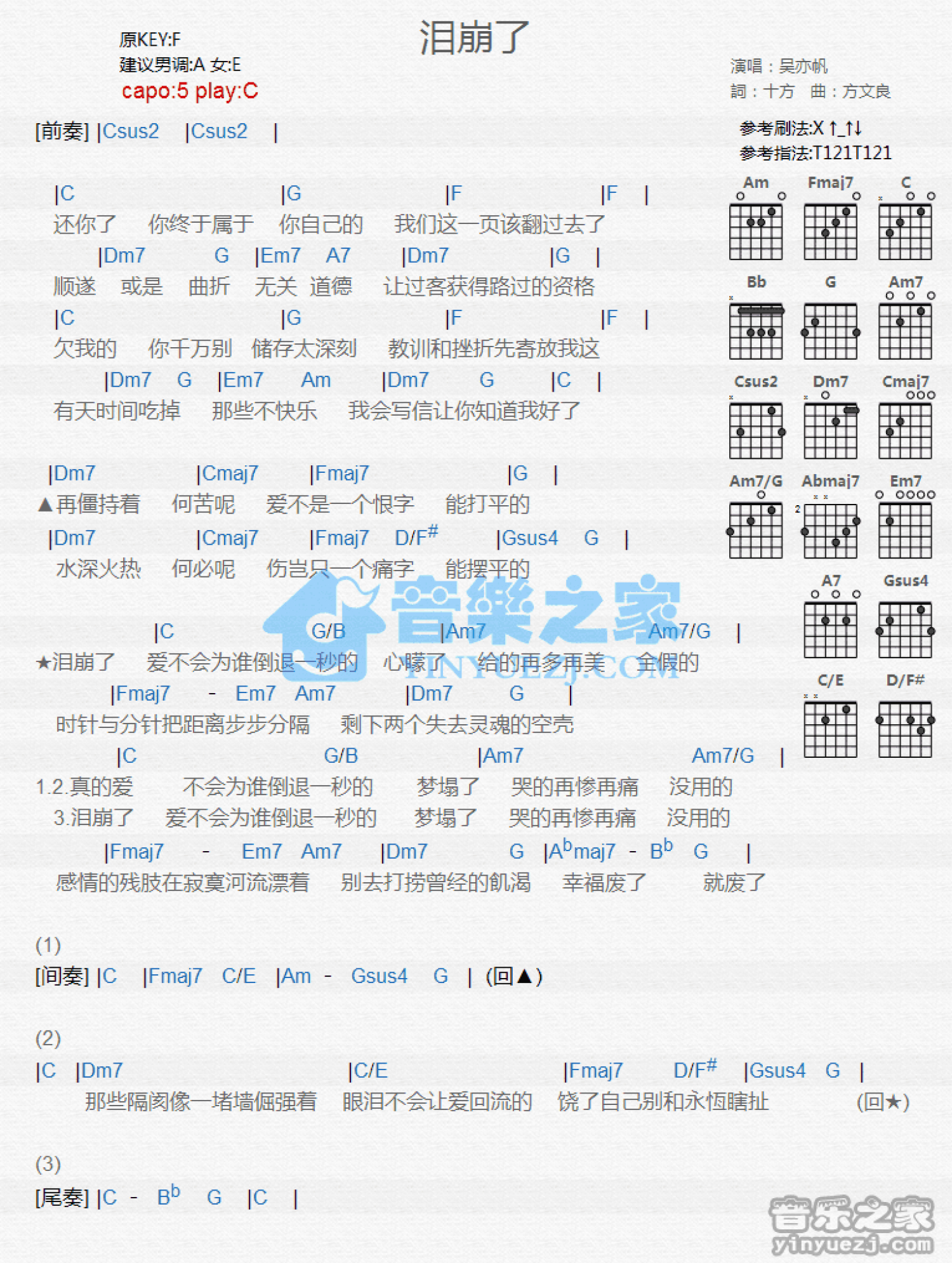 吴亦帆《泪崩了》吉他谱_C调吉他弹唱谱_和弦谱第1张