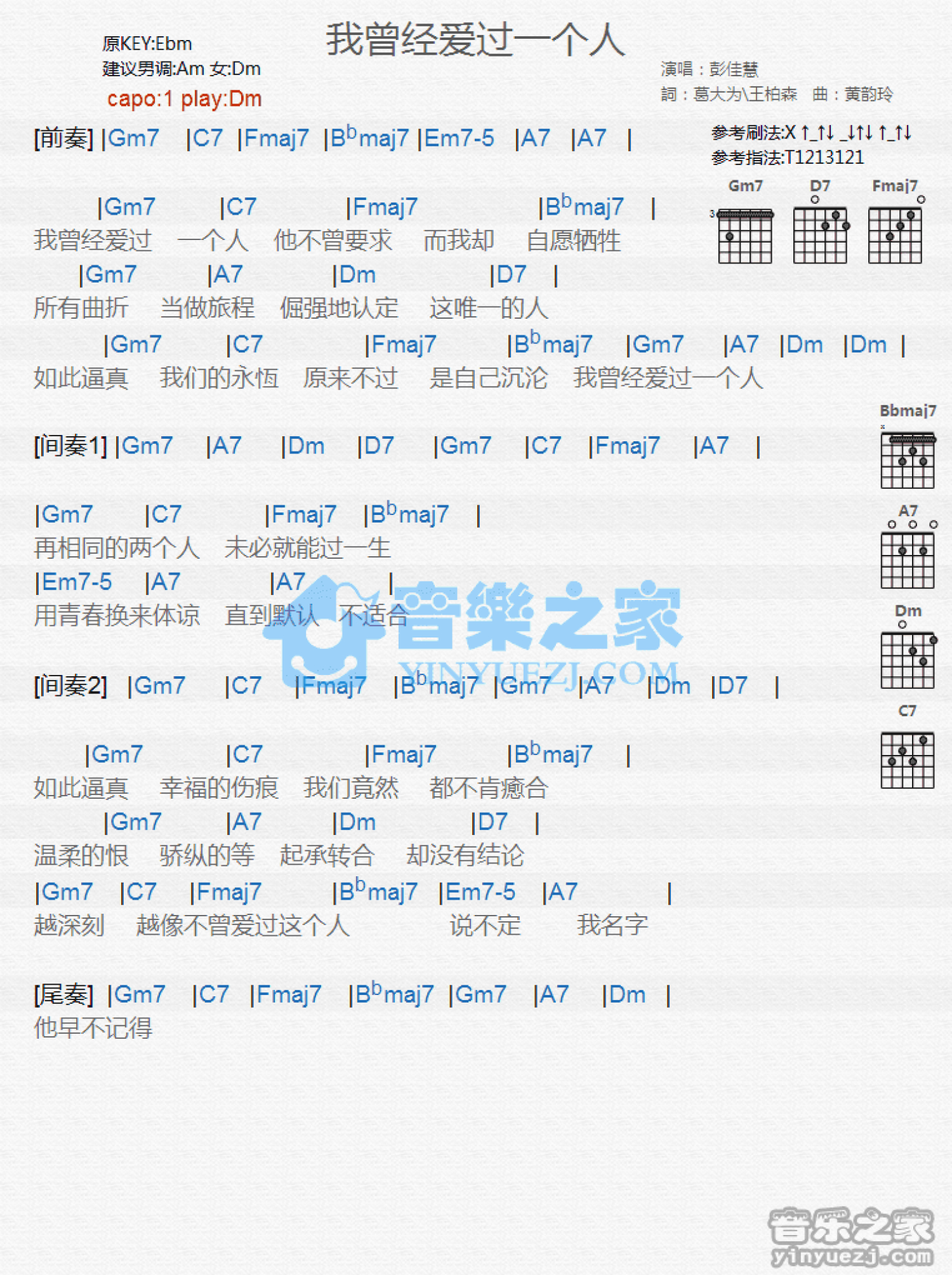 彭佳慧《我曾经爱过一个人》吉他谱_D调吉他弹唱谱_和弦谱第1张