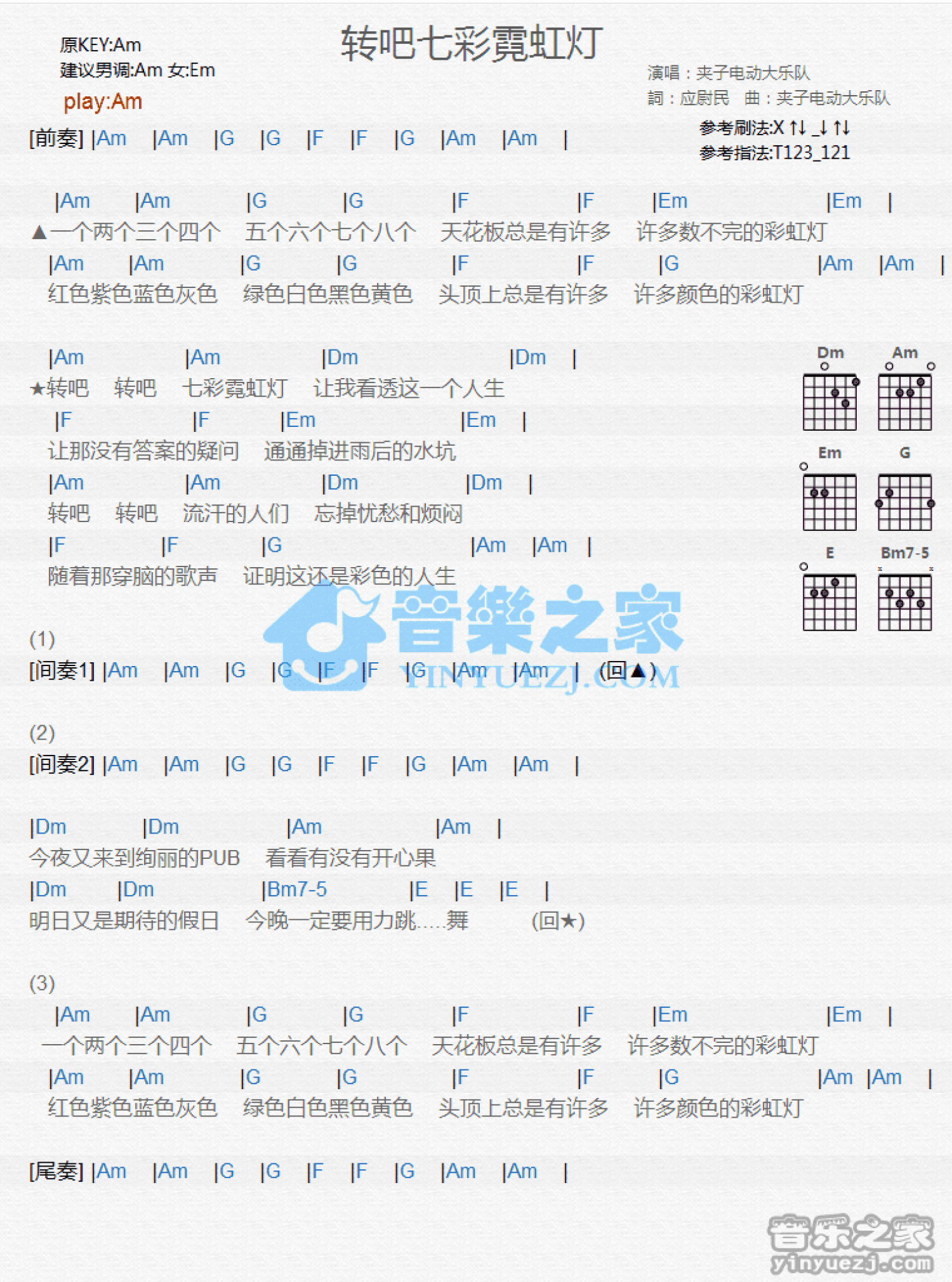 夹子电动大乐队《转吧七彩霓虹灯》吉他谱_A调吉他弹唱谱_和弦谱第1张