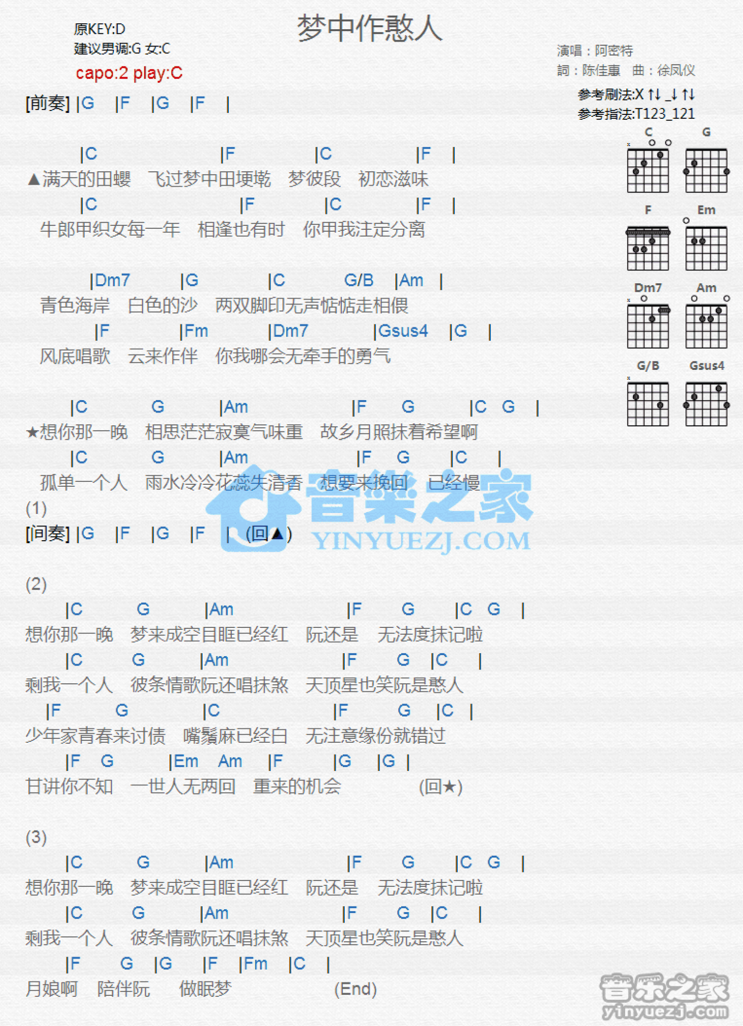 张惠妹《梦中做憨人》吉他谱_C调吉他弹唱谱_和弦谱第1张