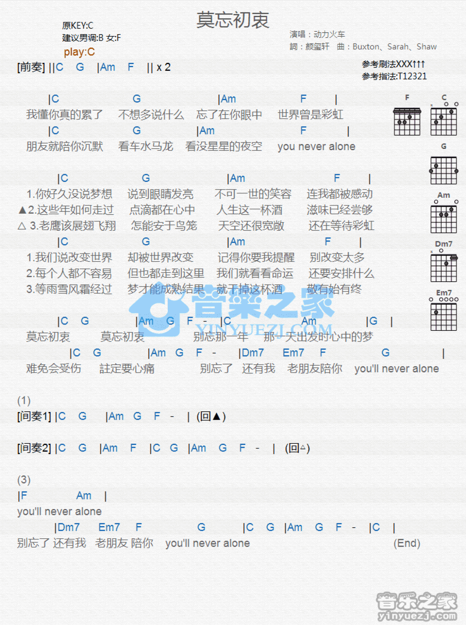 动力火车《莫忘初衷》吉他谱_C调吉他弹唱谱_和弦谱第1张