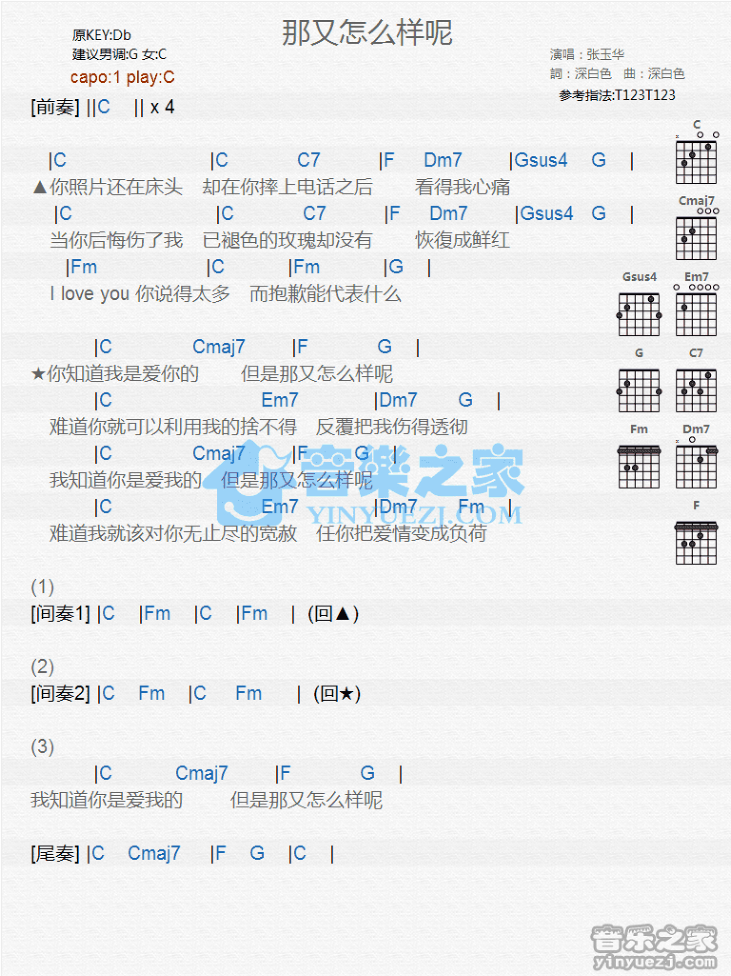 张玉华《那又怎么样呢》吉他谱_C调吉他弹唱谱_和弦谱第1张