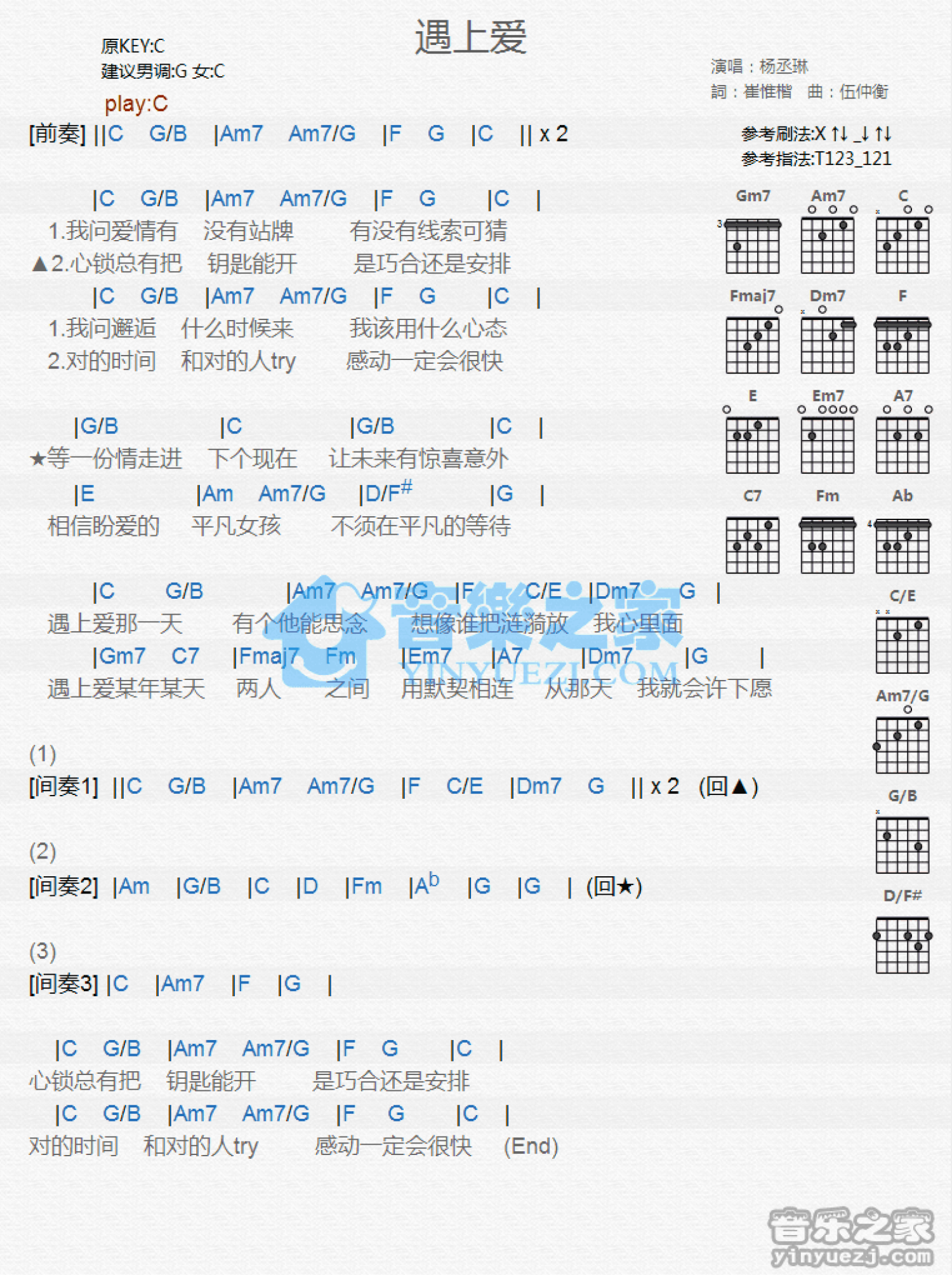 杨丞琳《遇上爱》吉他谱_C调吉他弹唱谱_和弦谱第1张