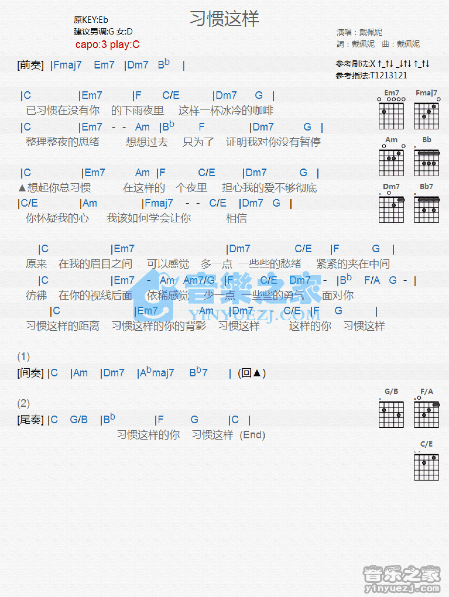 戴佩妮《习惯这样》吉他谱_C调吉他弹唱谱_和弦谱第1张