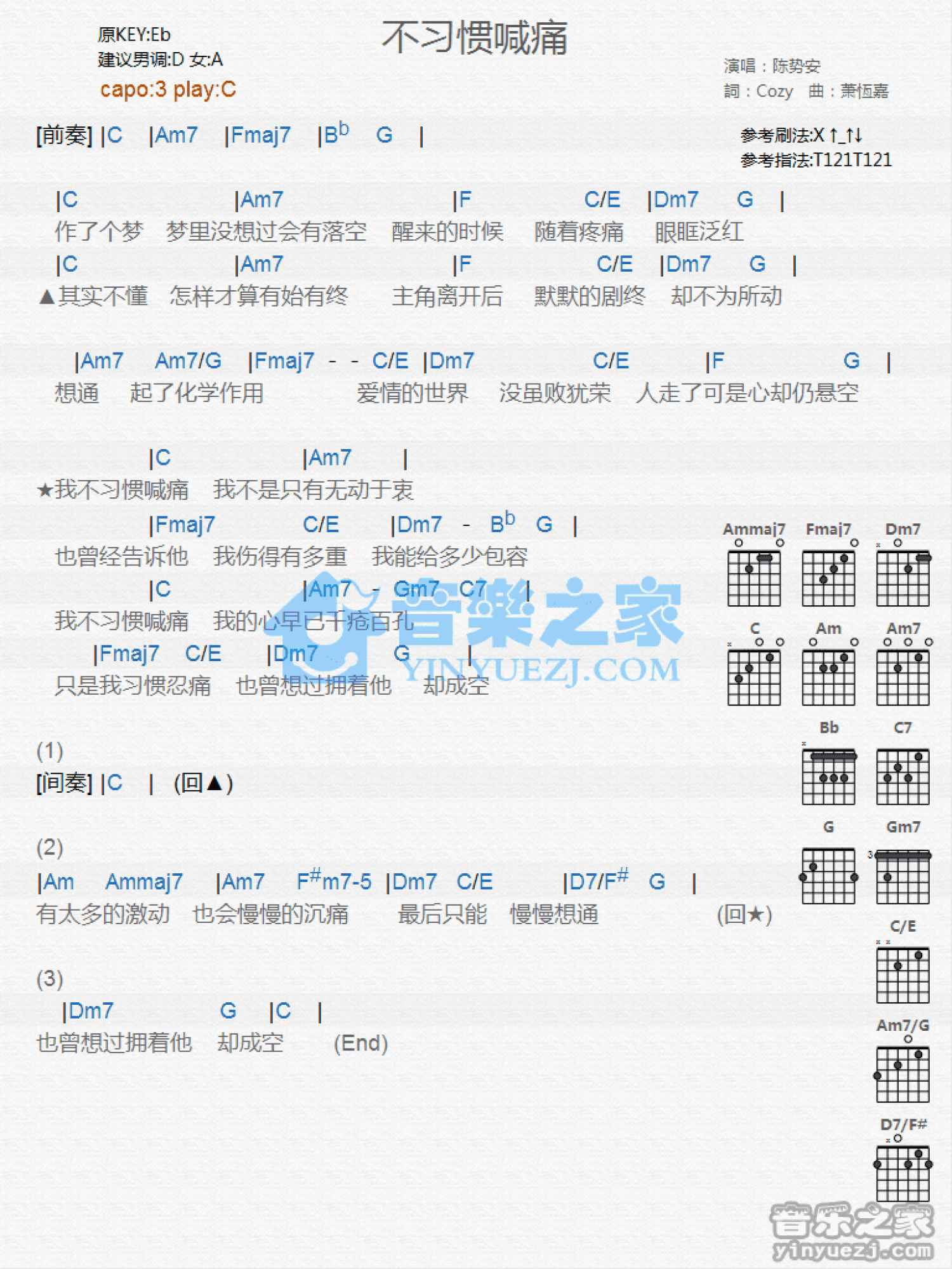 陈势安《不习惯喊痛》吉他谱_C调吉他弹唱谱_和弦谱第1张