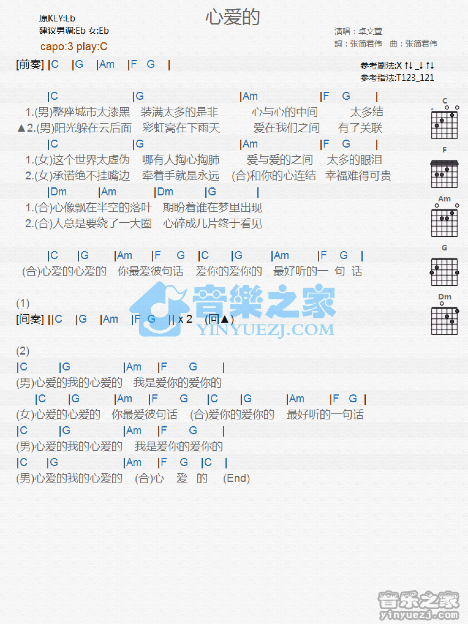 卓文萱《心爱的》吉他谱_C调吉他弹唱谱_和弦谱第1张