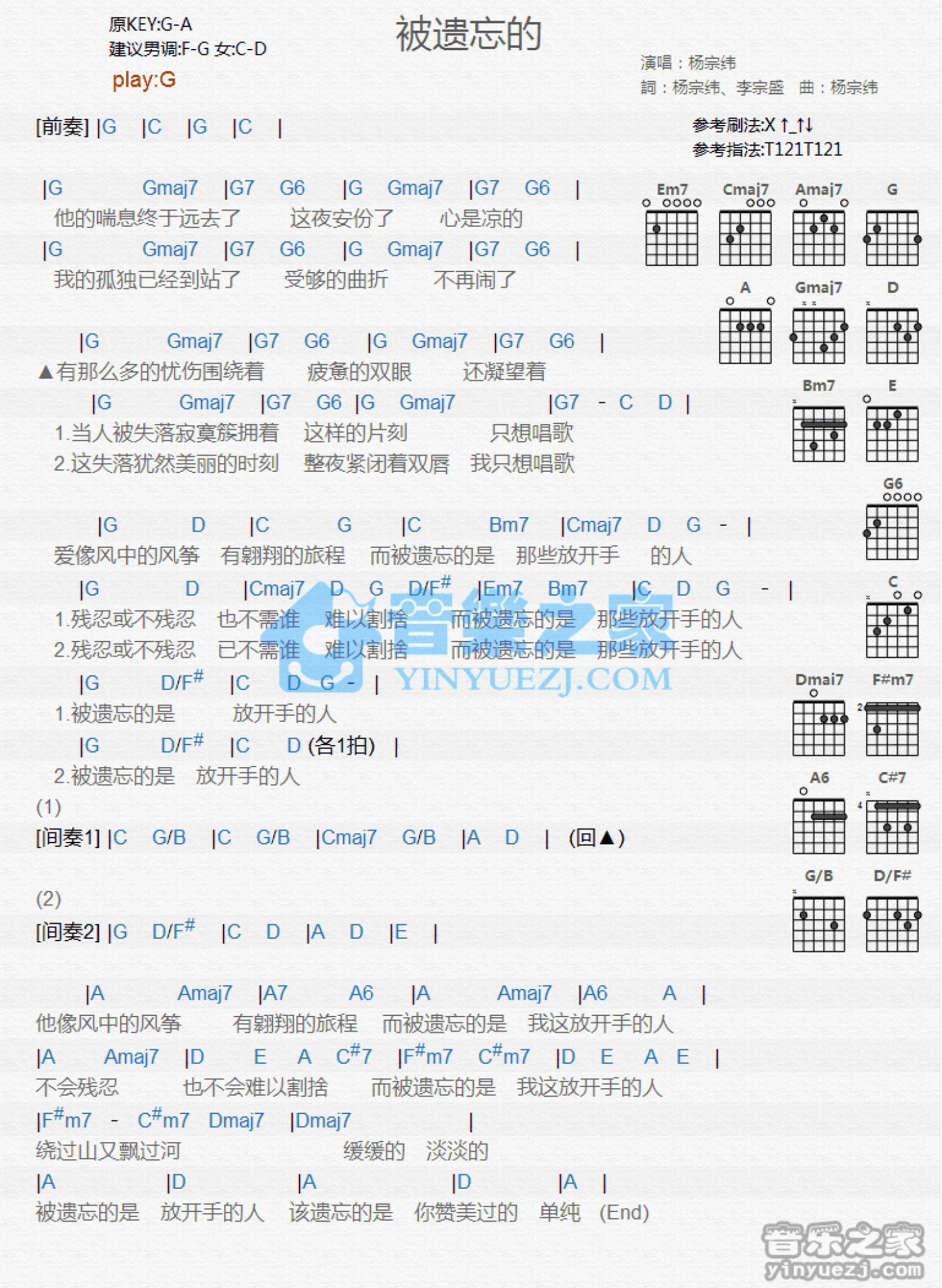 杨宗纬《被遗忘的》吉他谱_G调吉他弹唱谱_和弦谱第1张