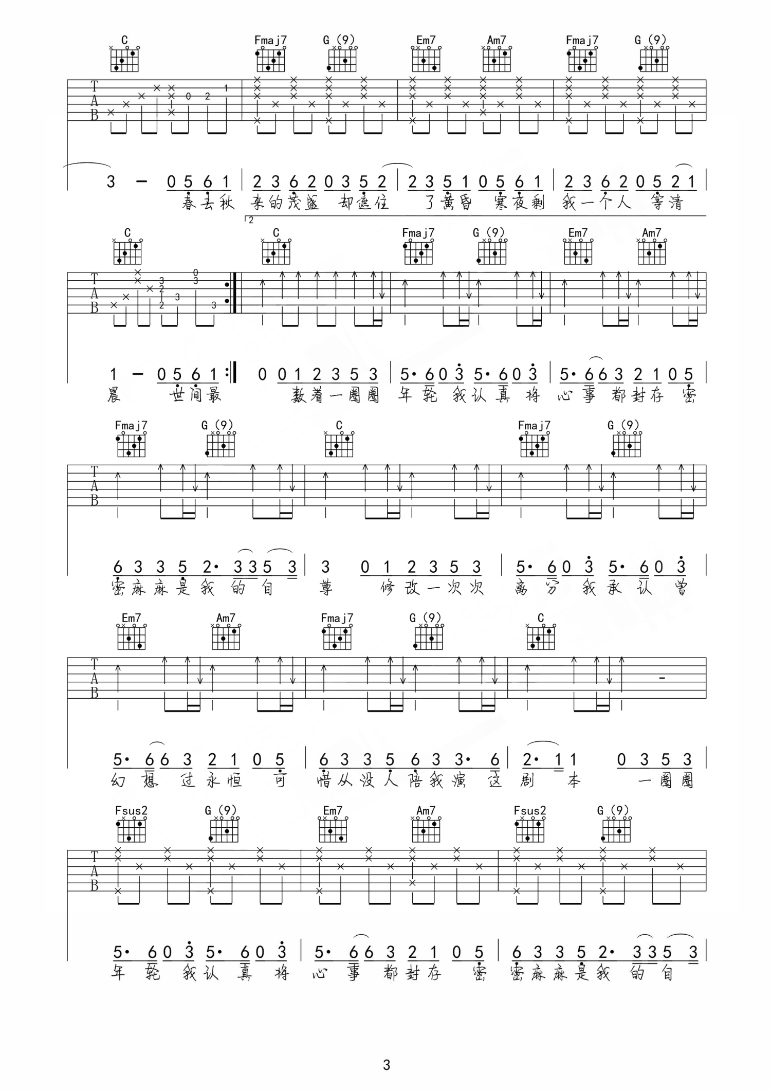 张碧晨《年轮》吉他谱_C调吉他弹唱谱第3张