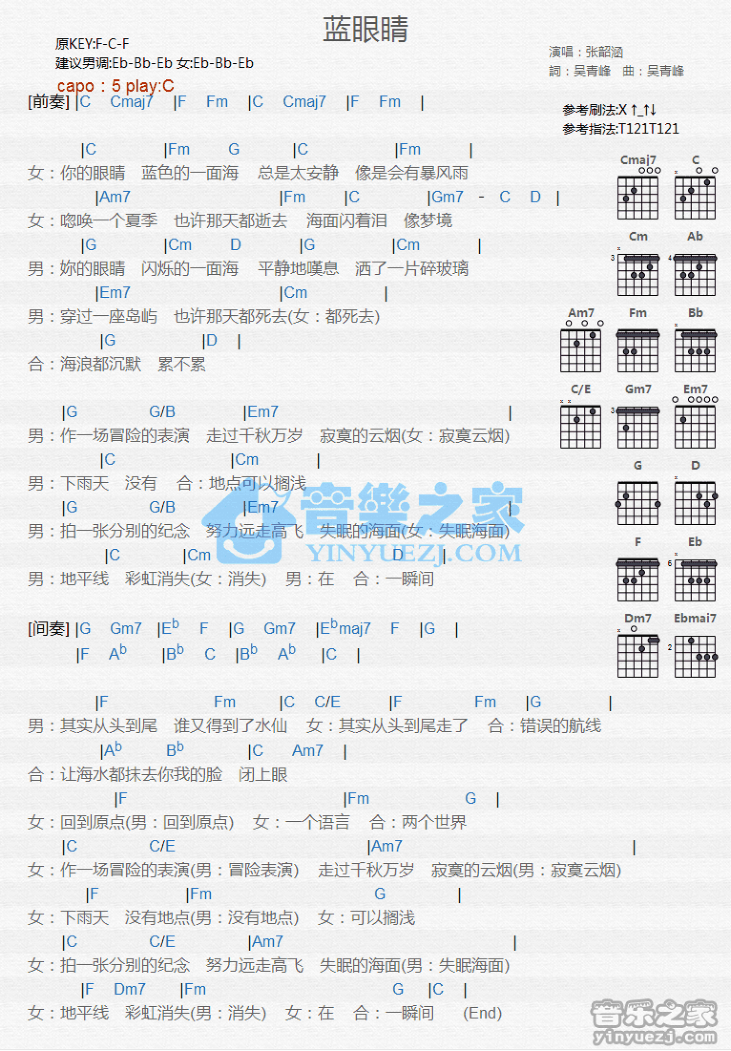 张韶涵《蓝眼睛》吉他谱_C调吉他弹唱谱_和弦谱第1张