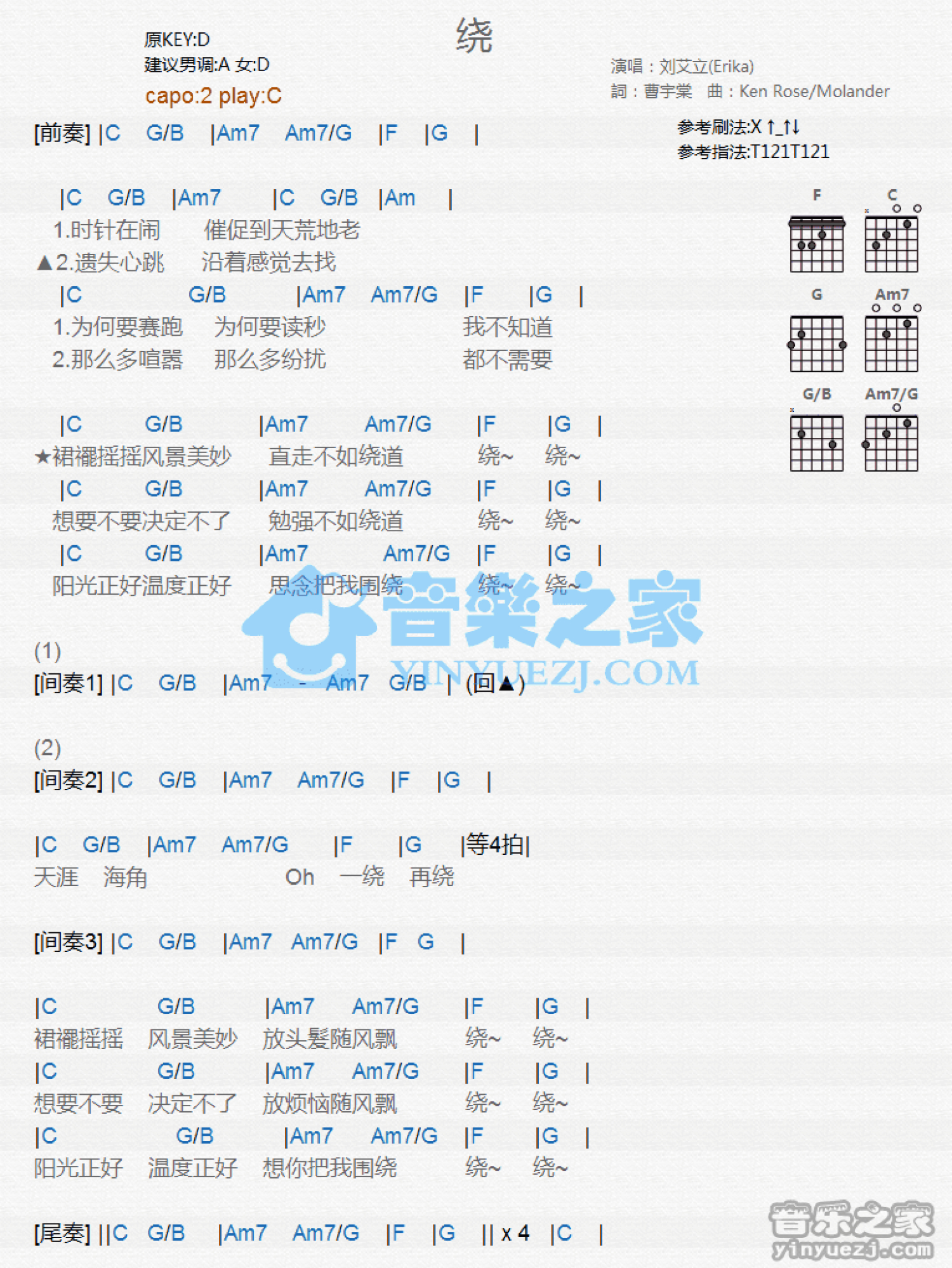 刘艾立《绕》吉他谱_C调吉他弹唱谱_和弦谱第1张