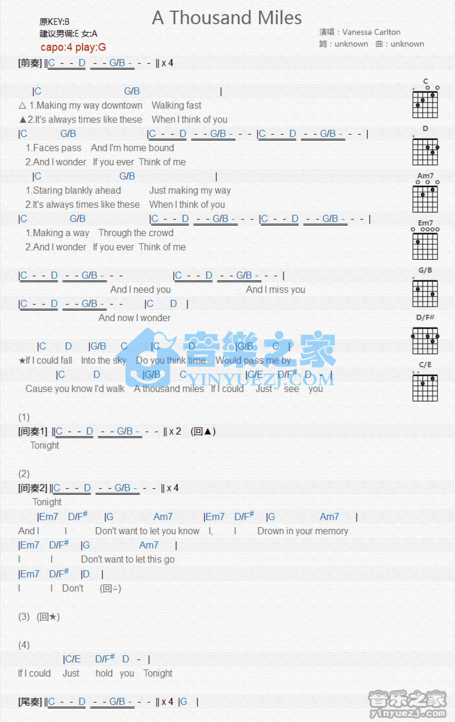 Vanessa Carlton《A Thousand Miles》吉他谱_G调吉他弹唱谱_和弦谱第1张