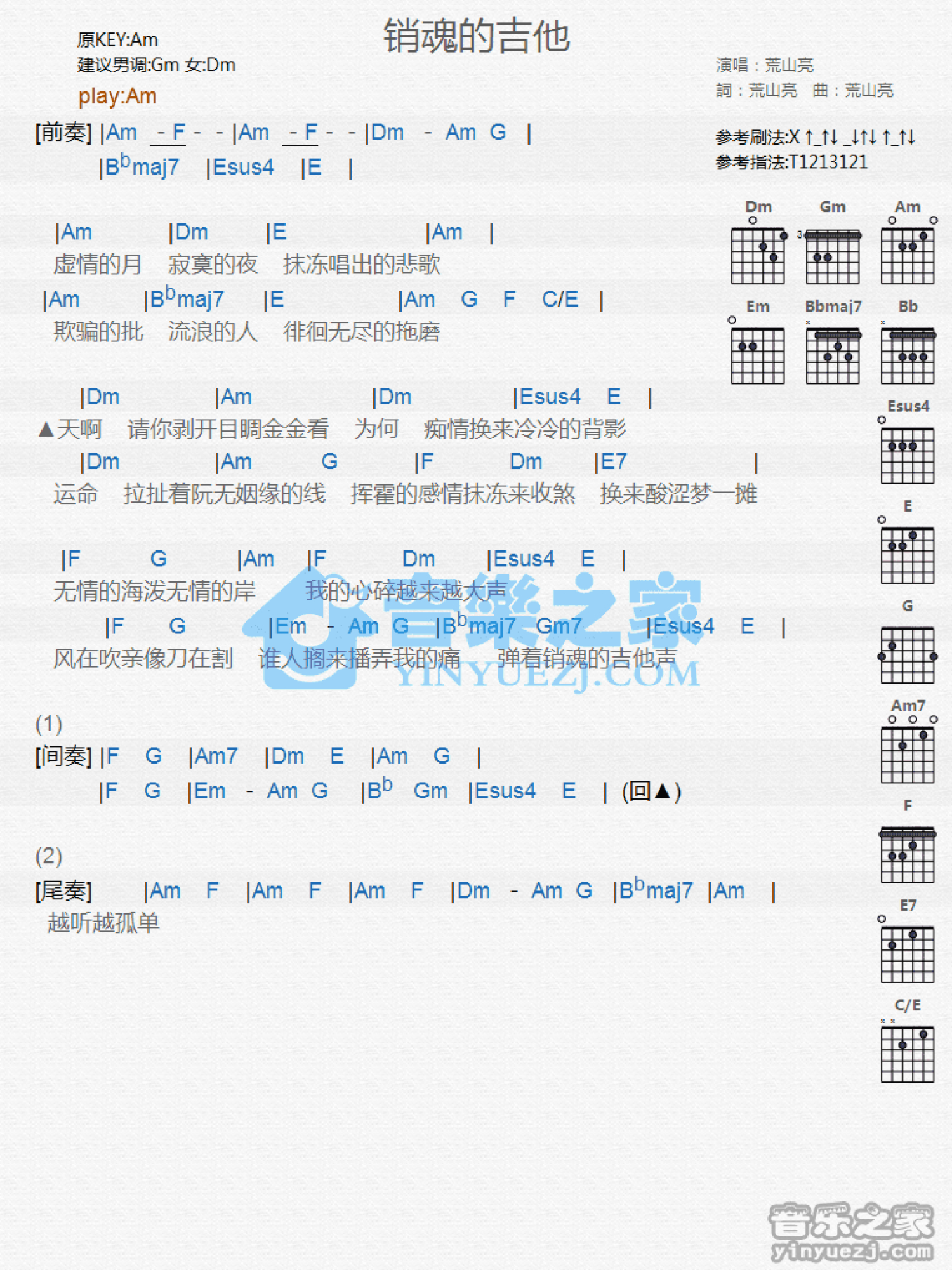 荒山亮《销魂的吉他》吉他谱_C调吉他弹唱谱_和弦谱第1张