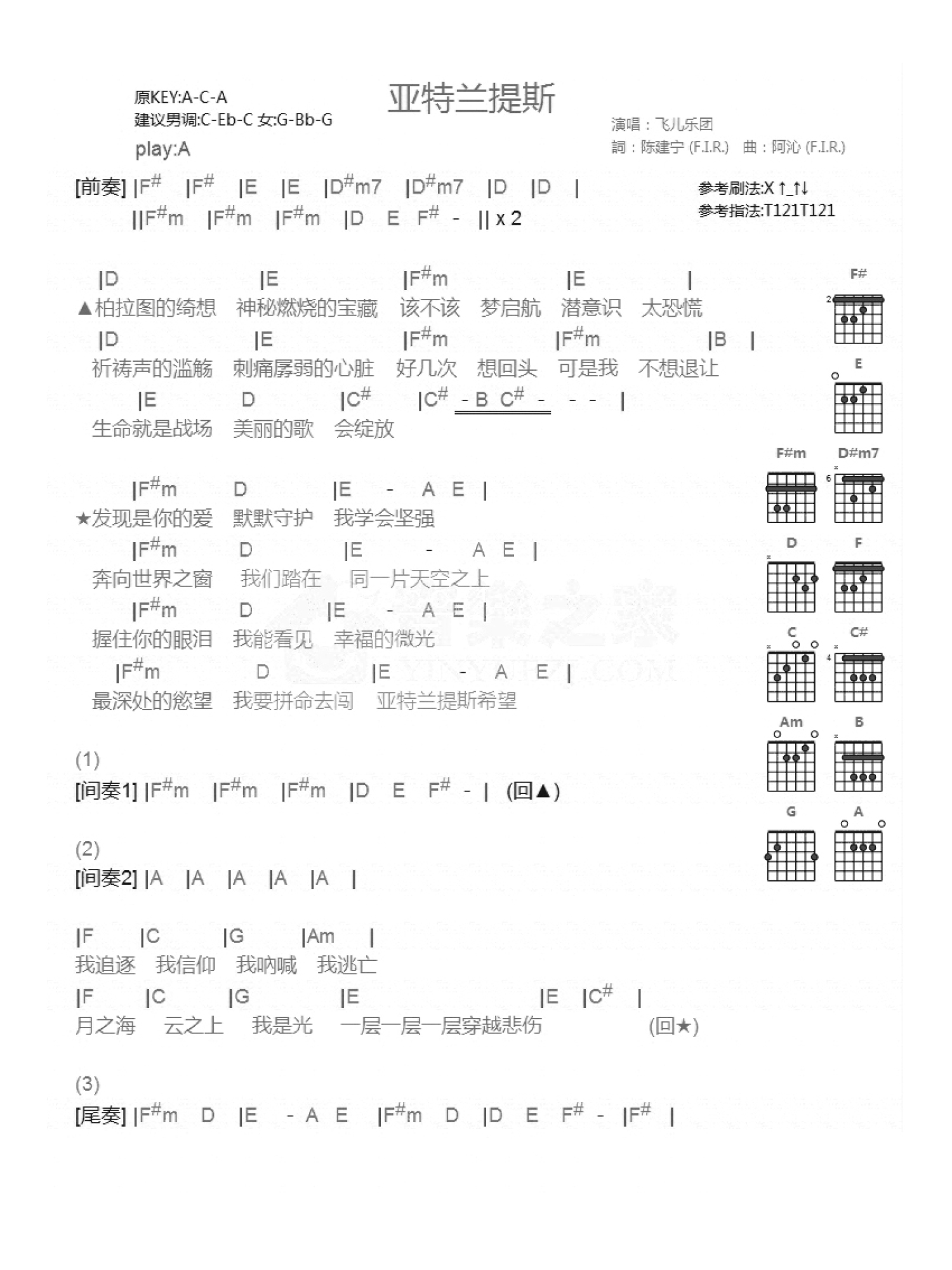 飞儿乐团《亚特兰提斯》吉他谱_A调吉他弹唱谱_和弦谱第1张