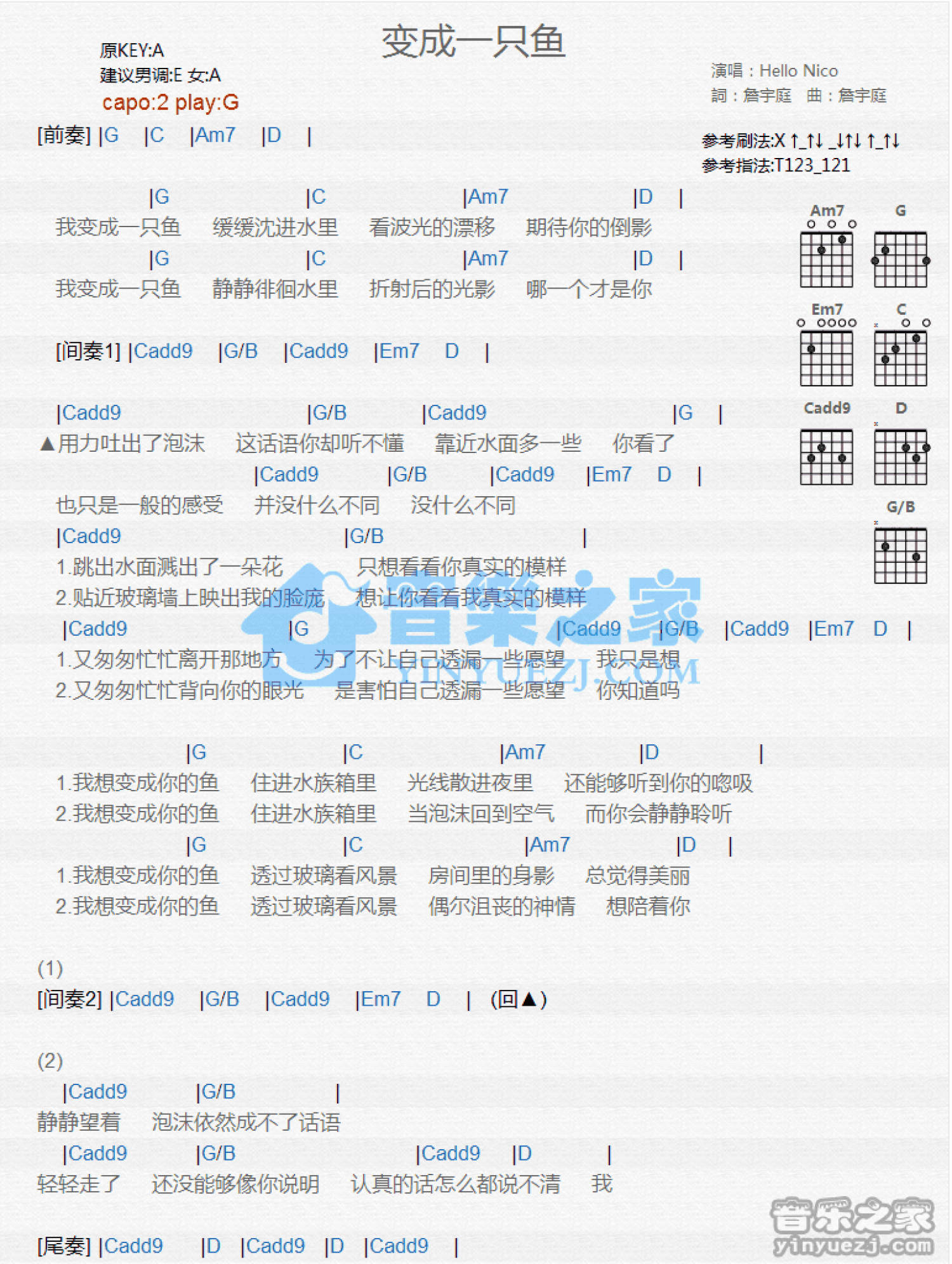 HelloNico《变成一只鱼》吉他谱_G调吉他弹唱谱_和弦谱第1张