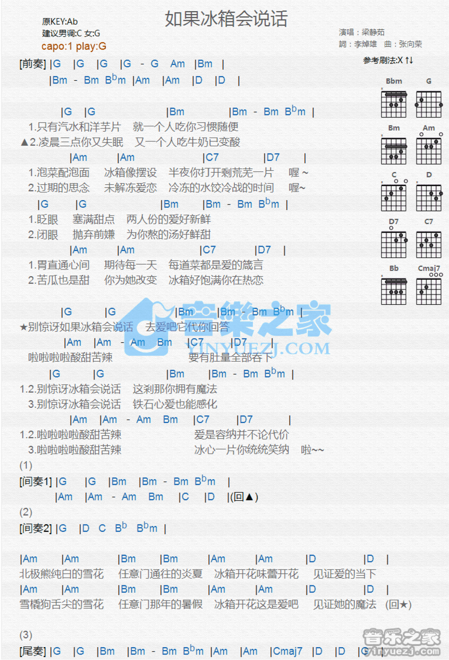 梁静茹《如果冰箱会说话》吉他谱_G调吉他弹唱谱_和弦谱第1张