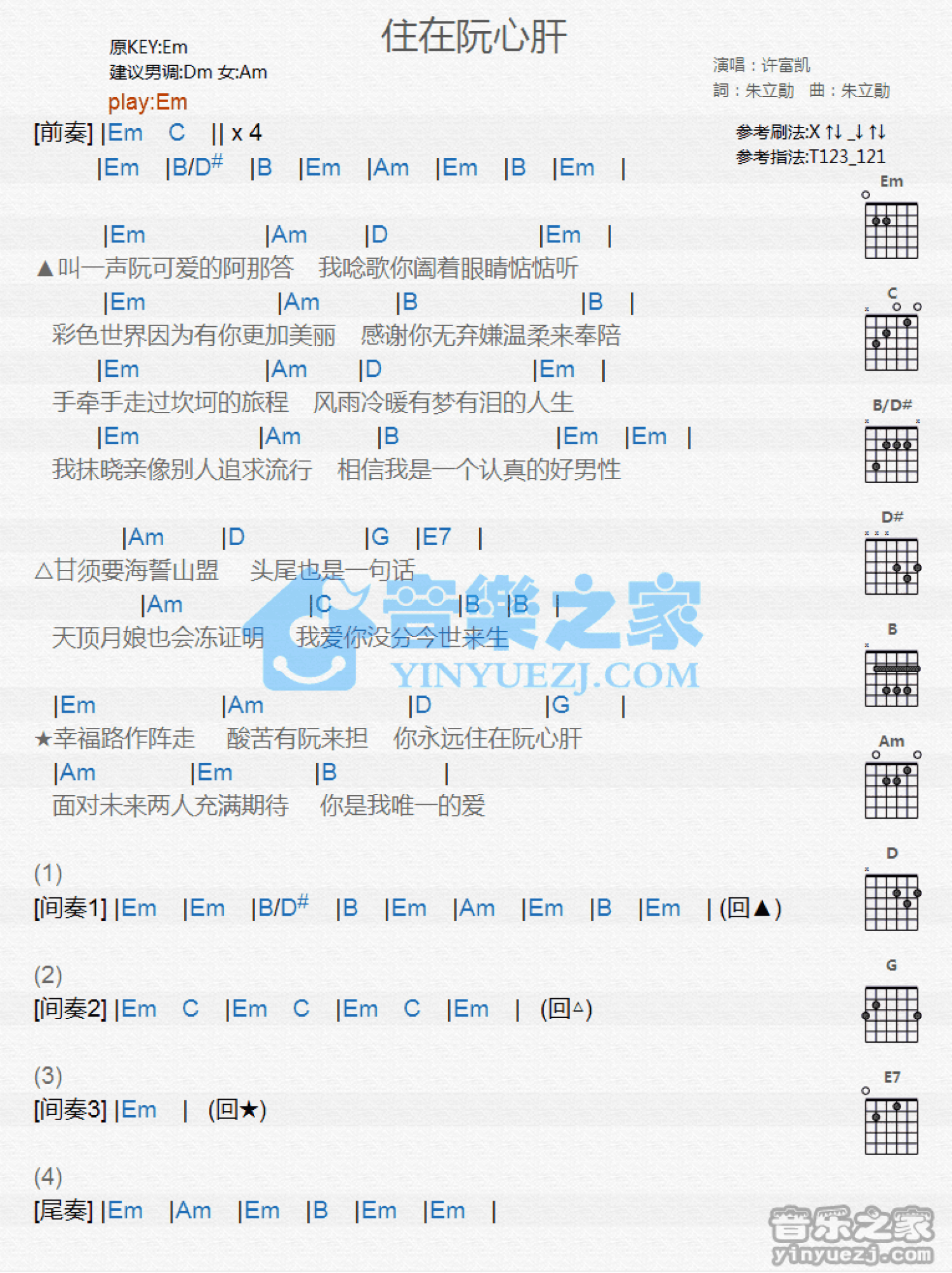 许富凯《住在阮心肝》吉他谱_G调吉他弹唱谱_和弦谱第1张