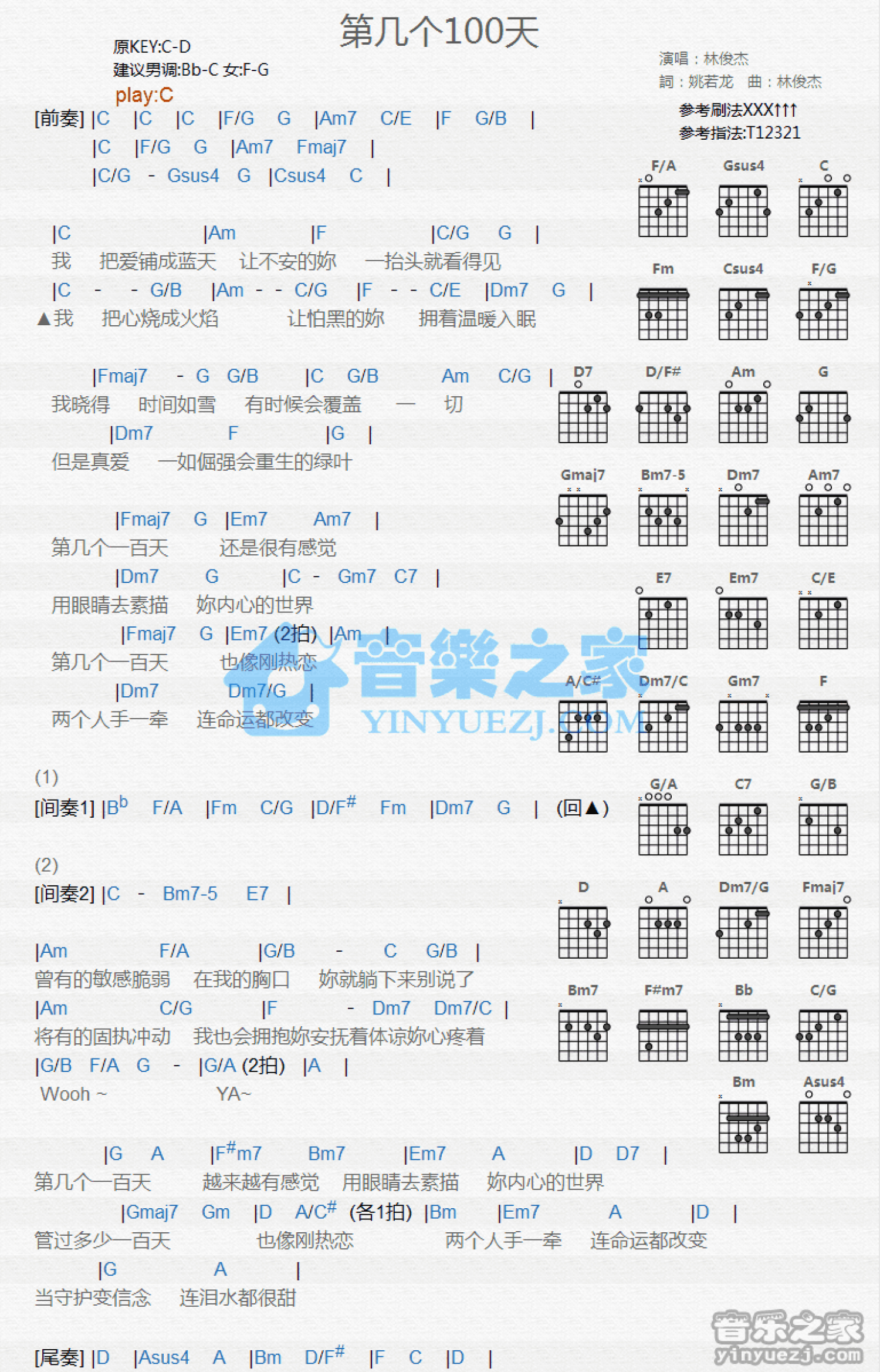 林俊杰《第几个100天》吉他谱_C调吉他弹唱谱_和弦谱第1张