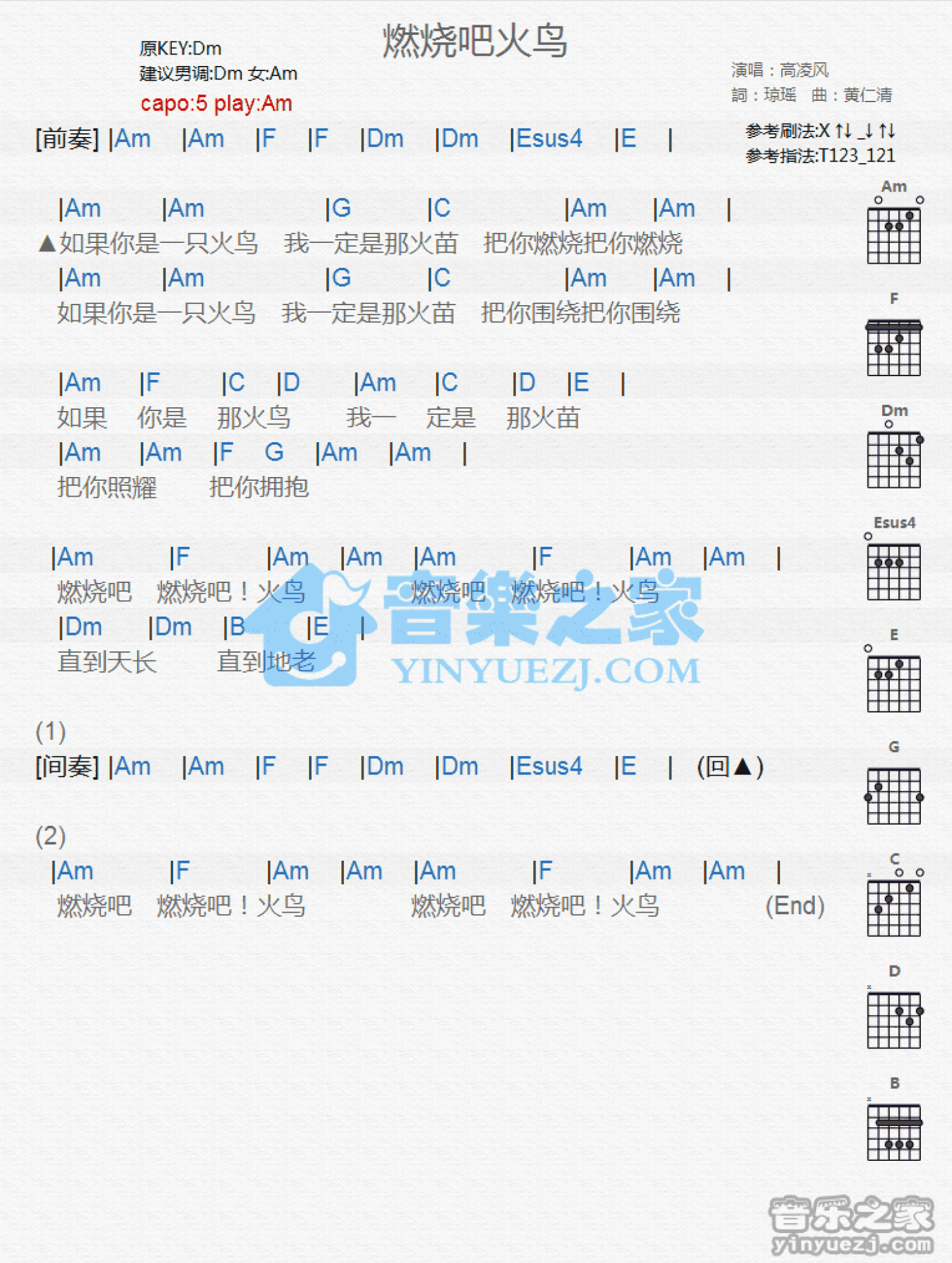 高凌风《燃烧吧火鸟》吉他谱_C调吉他弹唱谱_和弦谱第1张