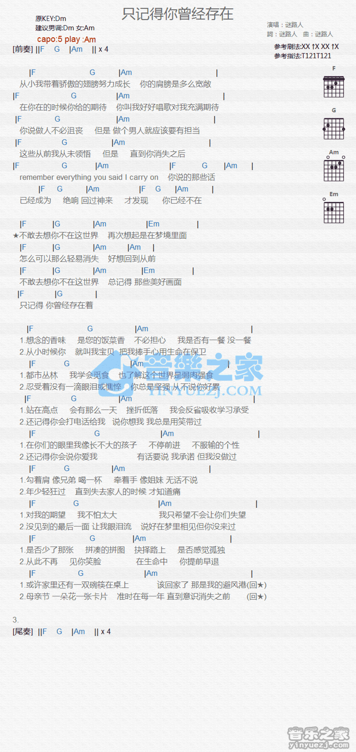 谜路人《只记得你曾经存在》吉他谱_A调吉他弹唱谱_和弦谱第1张