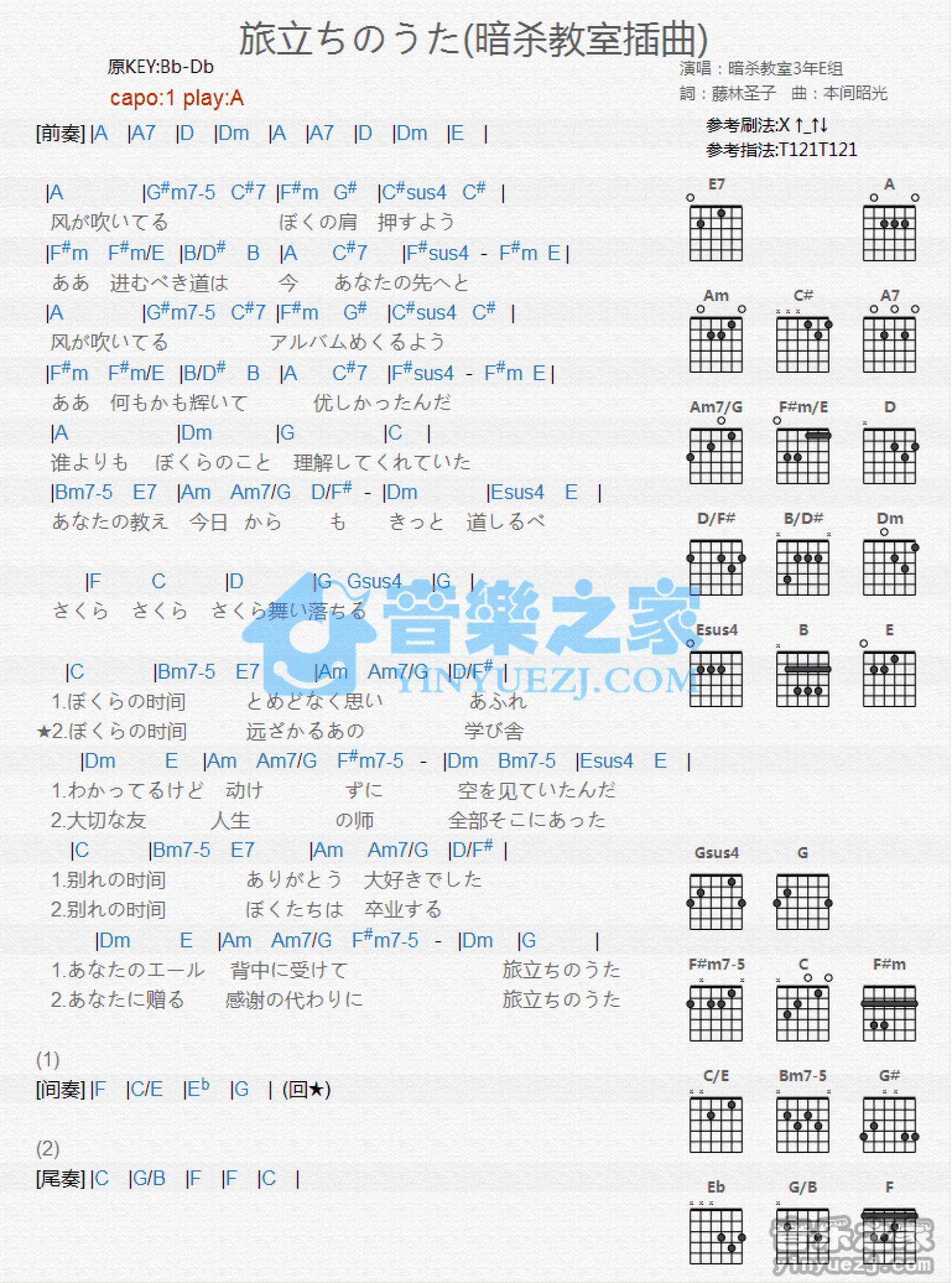 暗杀教室插曲《旅立ちのうた》吉他谱_A调吉他弹唱谱_和弦谱第1张