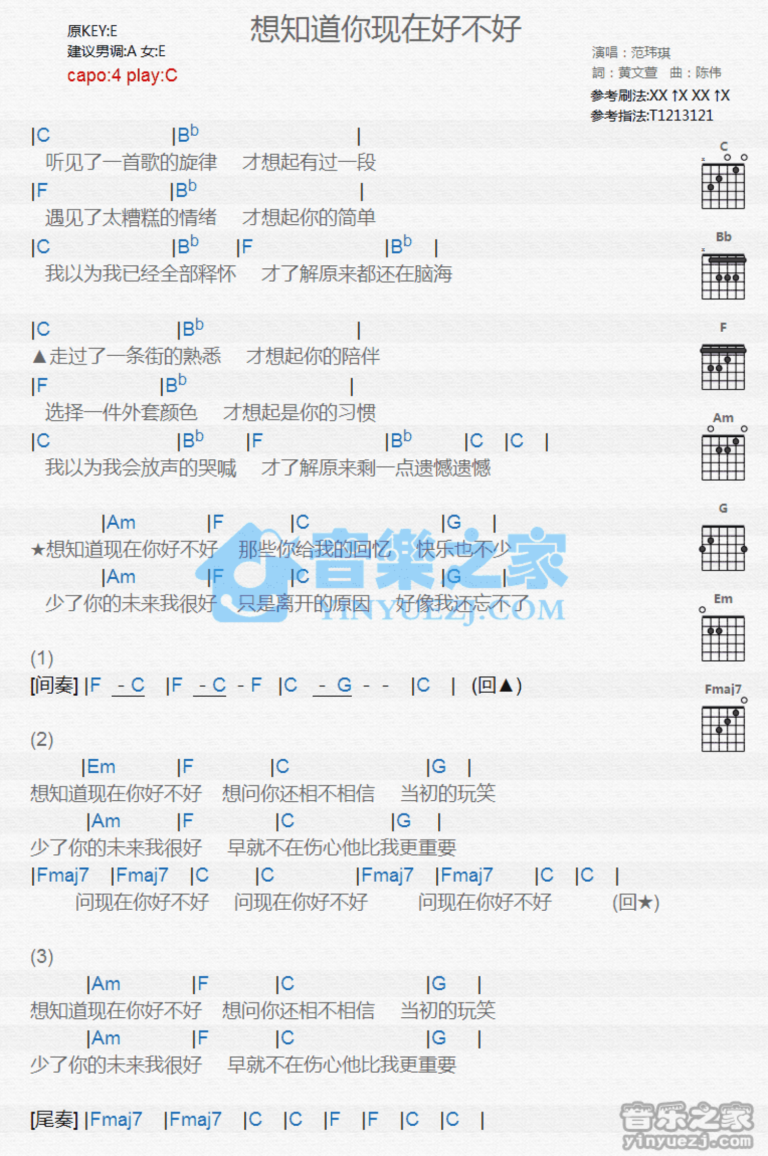 范玮琪《我知道你现在好不好》吉他谱_C调吉他弹唱谱_和弦谱第1张