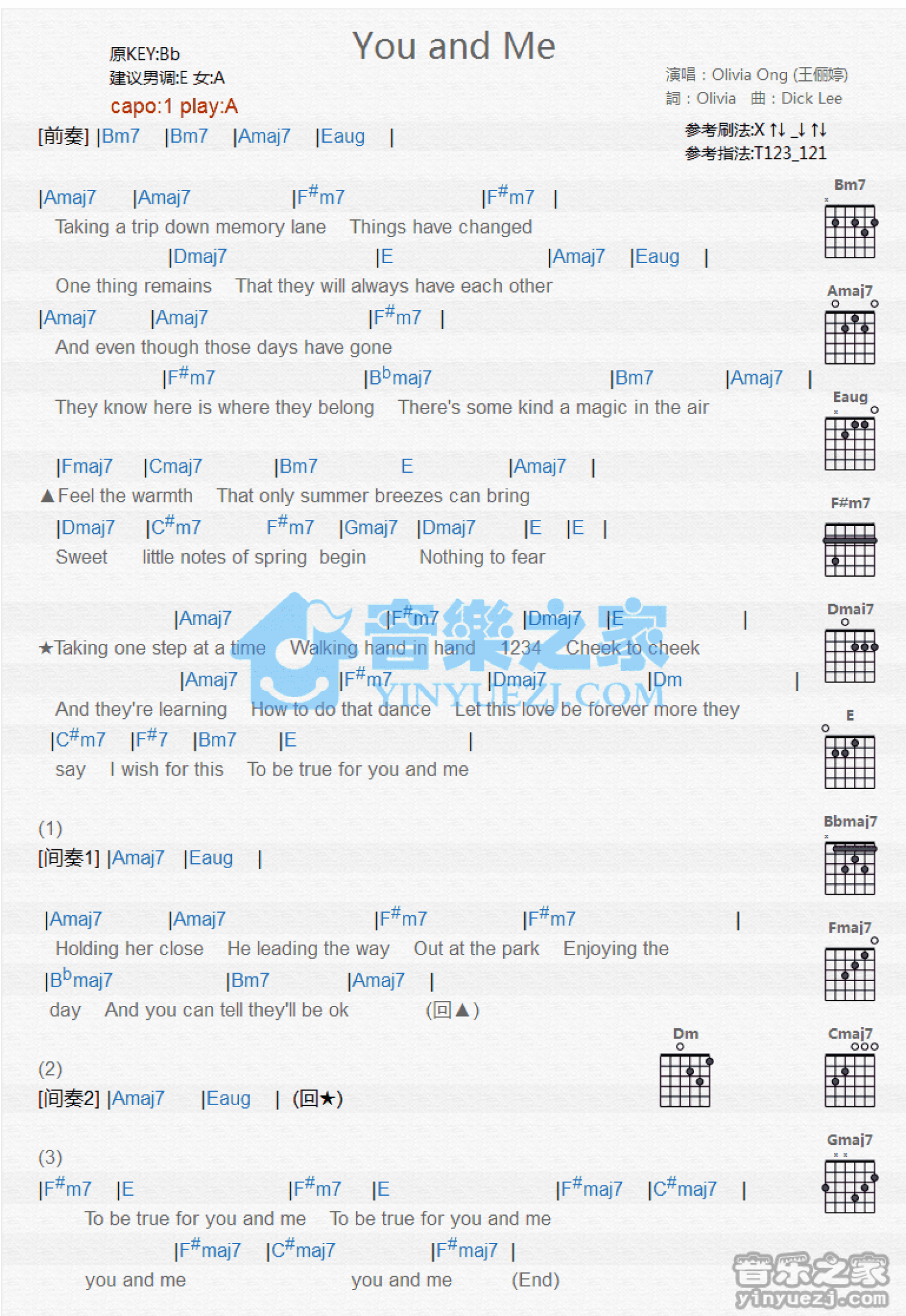 王俪婷《You And Me》吉他谱_A调吉他弹唱谱_和弦谱第1张