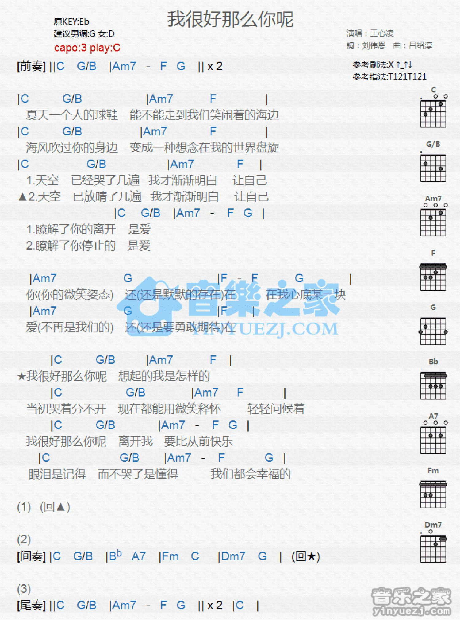 王心凌《我很好那么你呢》吉他谱_C调吉他弹唱谱_和弦谱第1张